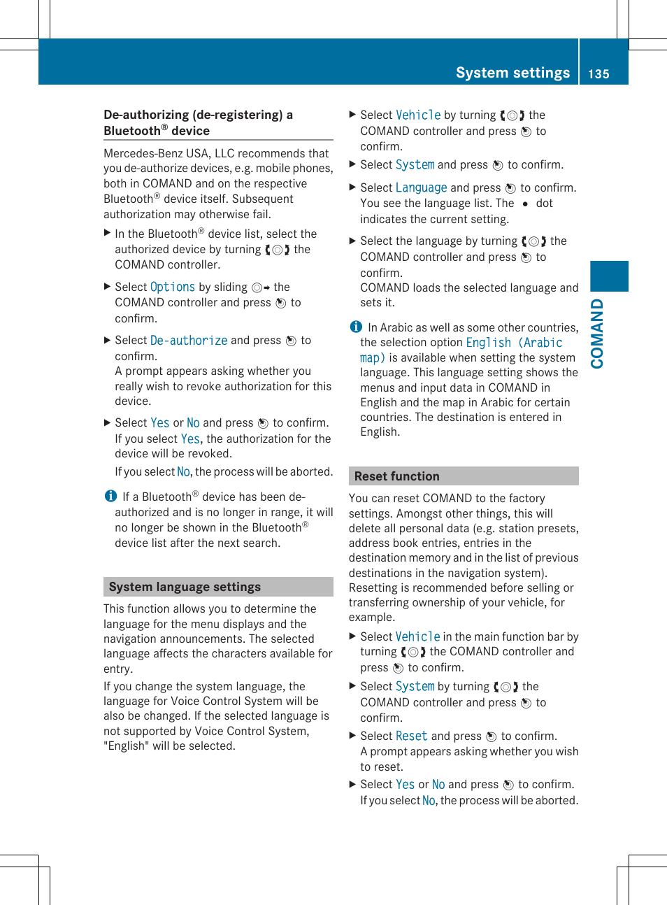 System language settings, Reset function, Comand | System settings | Mercedes-Benz CL-Class 2011 User Manual | Page 137 / 480