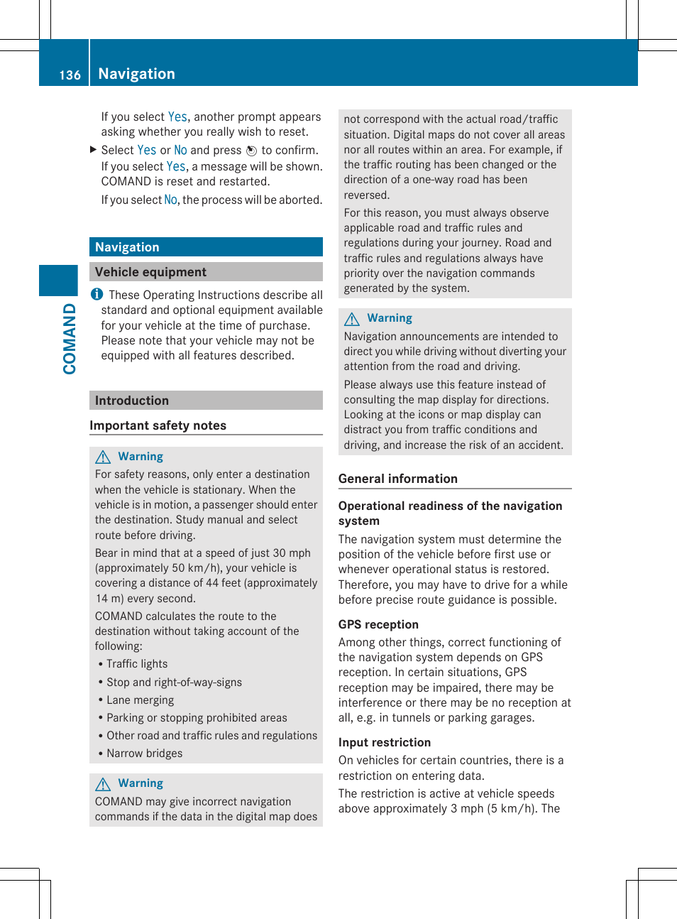 Navigation, Vehicle equipment, Introduction | Comand | Mercedes-Benz CL-Class 2011 User Manual | Page 138 / 480