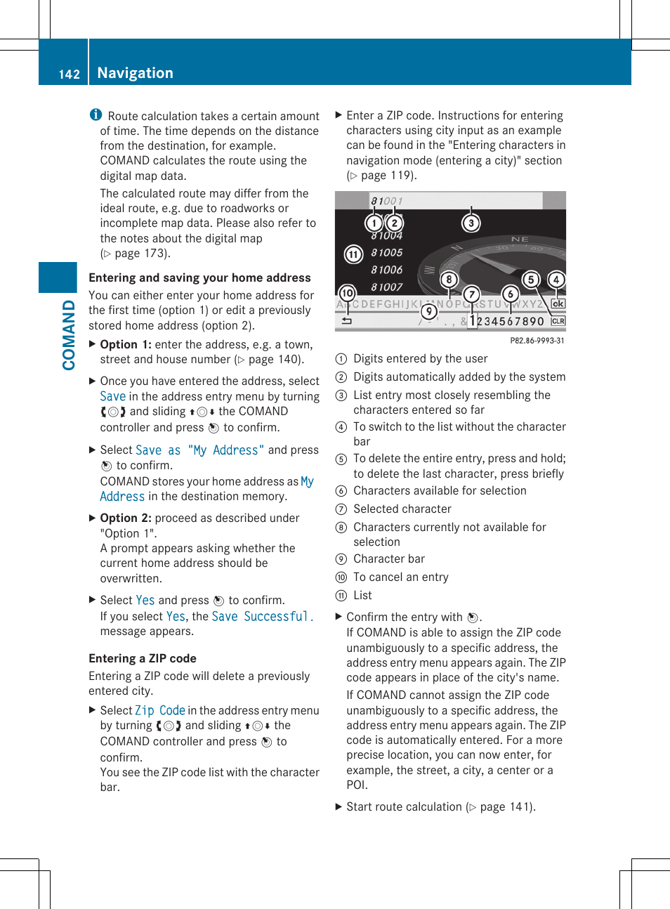 Address), Comand, Navigation | Mercedes-Benz CL-Class 2011 User Manual | Page 144 / 480