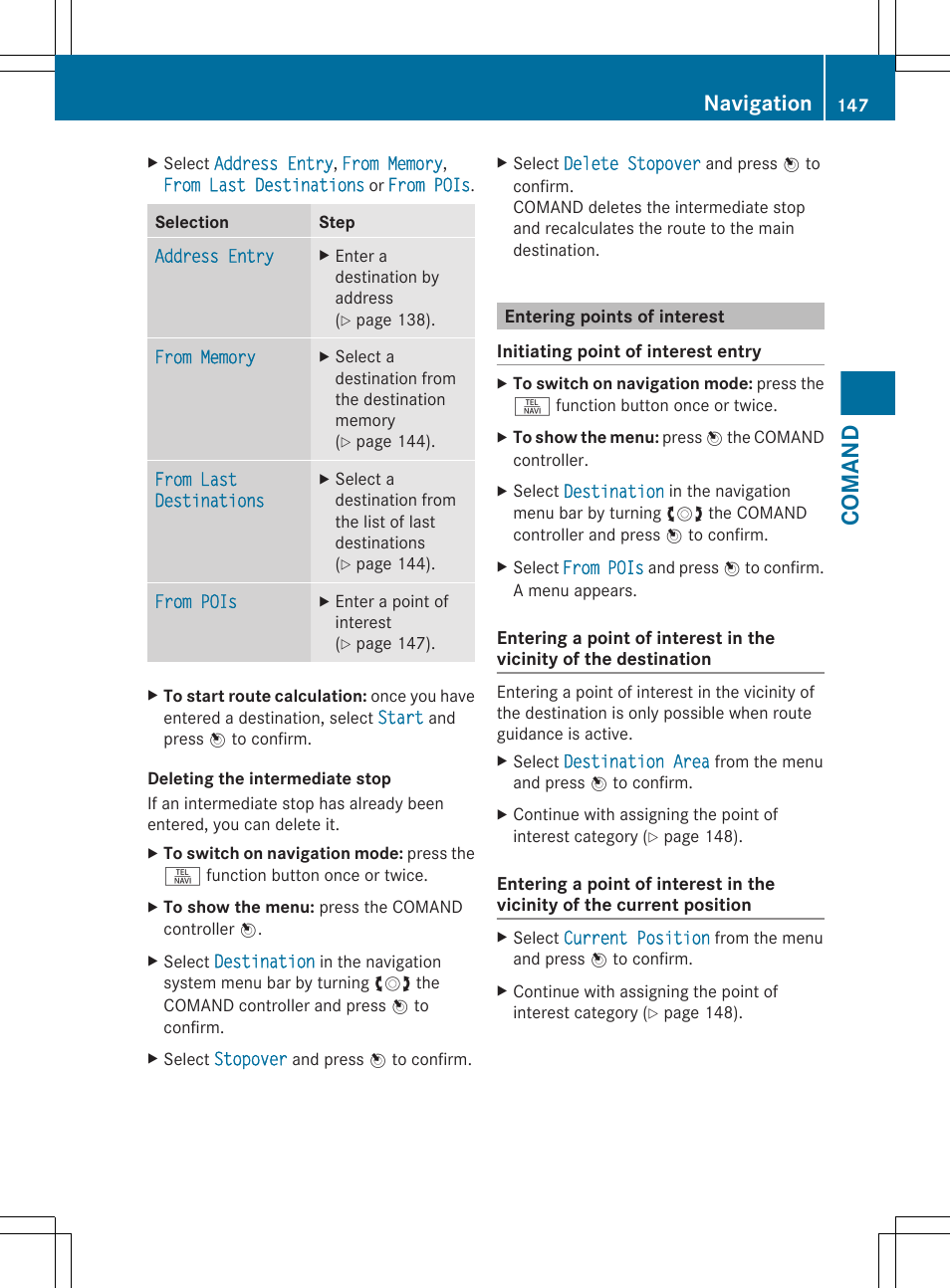 Entering points of interest, Comand, Navigation | Mercedes-Benz CL-Class 2011 User Manual | Page 149 / 480