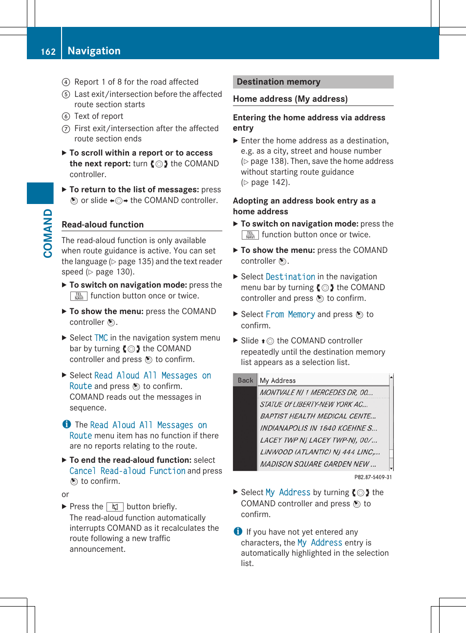 Destination memory, Comand, Navigation | Mercedes-Benz CL-Class 2011 User Manual | Page 164 / 480