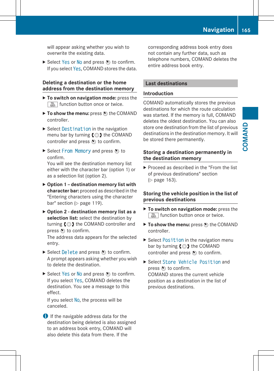 Last destinations, Comand, Navigation | Mercedes-Benz CL-Class 2011 User Manual | Page 167 / 480