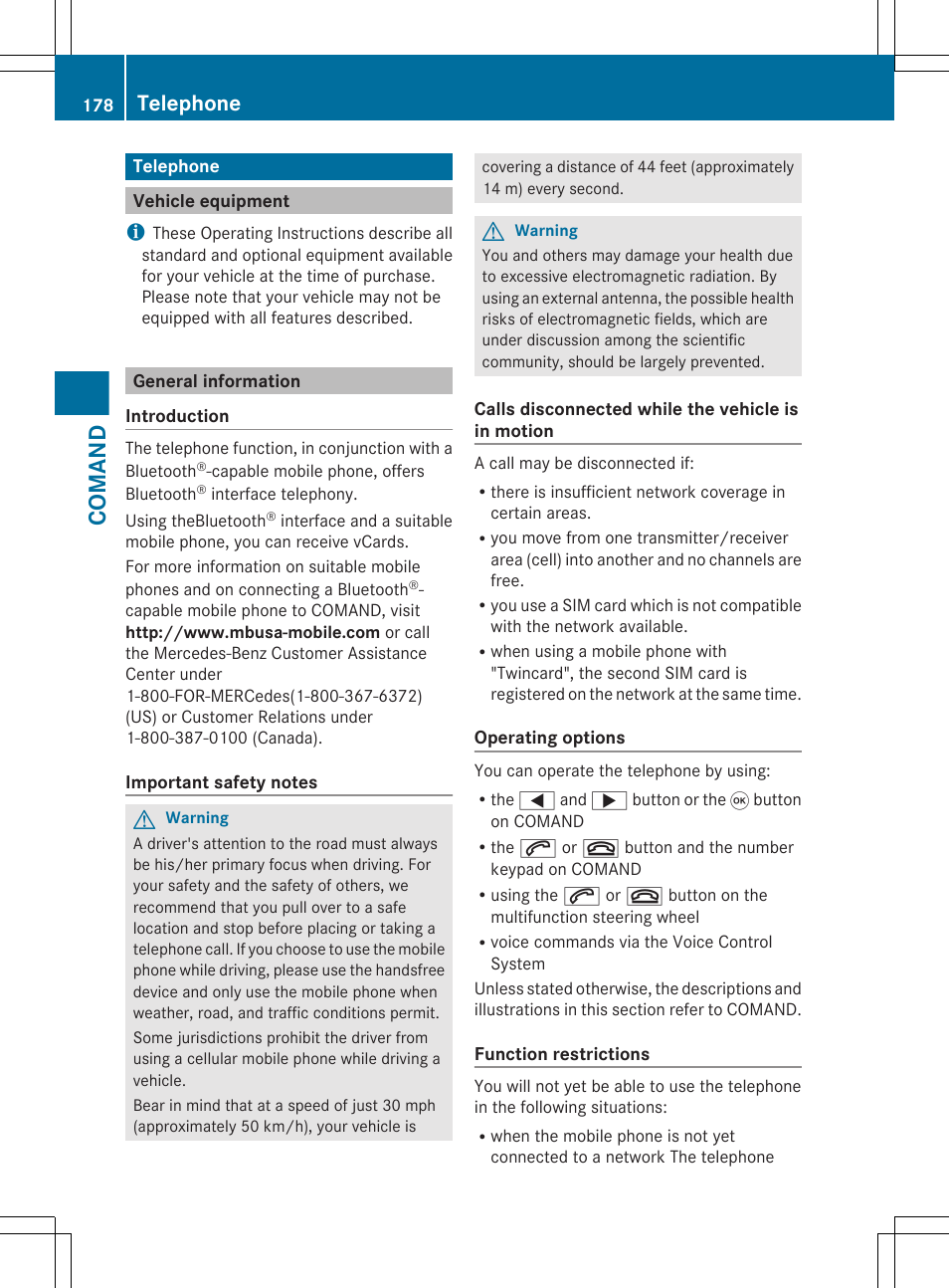 Telephone, Vehicle equipment, General information | Comand | Mercedes-Benz CL-Class 2011 User Manual | Page 180 / 480