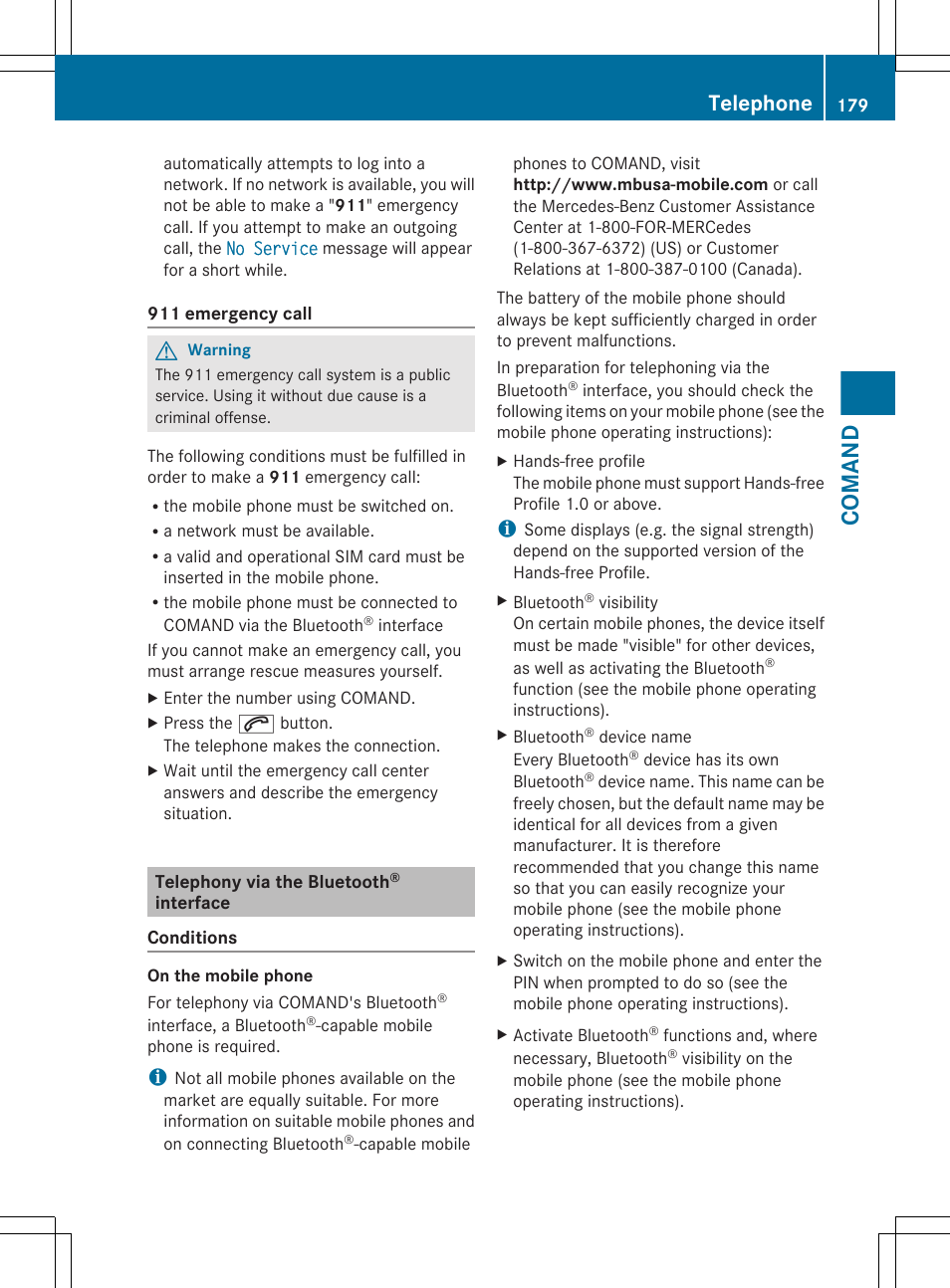 Telephony via the bluetooth® interface, Comand, Telephone | Mercedes-Benz CL-Class 2011 User Manual | Page 181 / 480