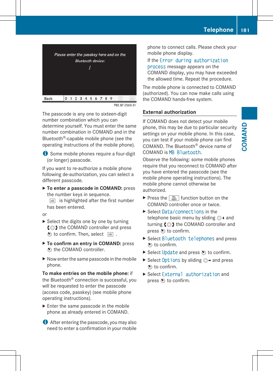 Authorization, Comand, Telephone | Mercedes-Benz CL-Class 2011 User Manual | Page 183 / 480