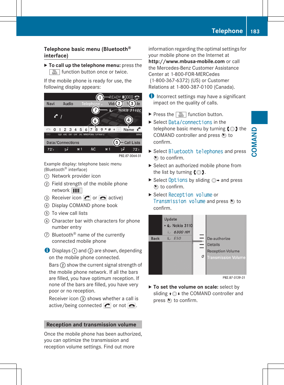 Reception and transmission volume, Comand, Telephone | Mercedes-Benz CL-Class 2011 User Manual | Page 185 / 480