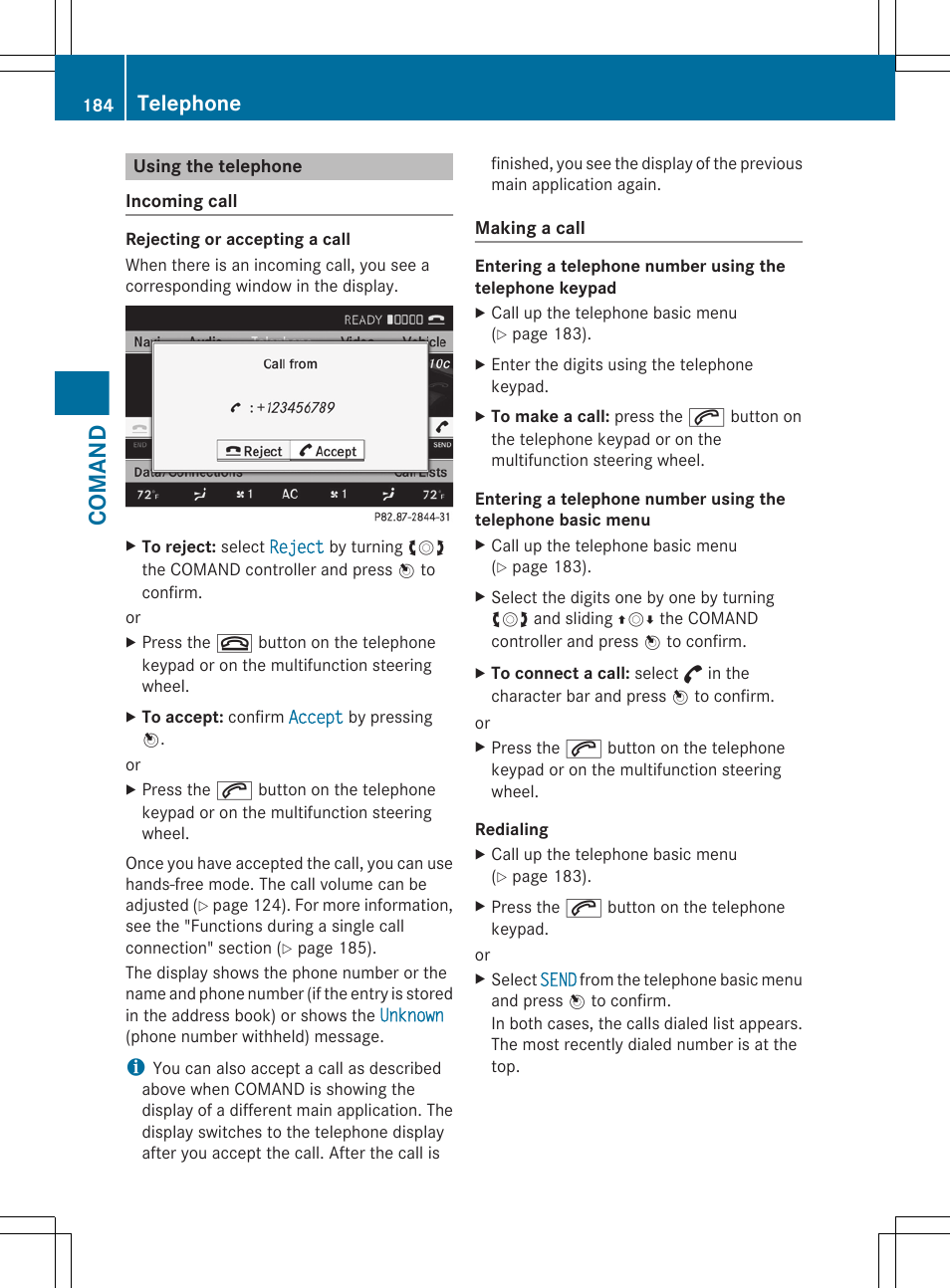 Using the telephone, Telephone number entry, Comand | Telephone | Mercedes-Benz CL-Class 2011 User Manual | Page 186 / 480