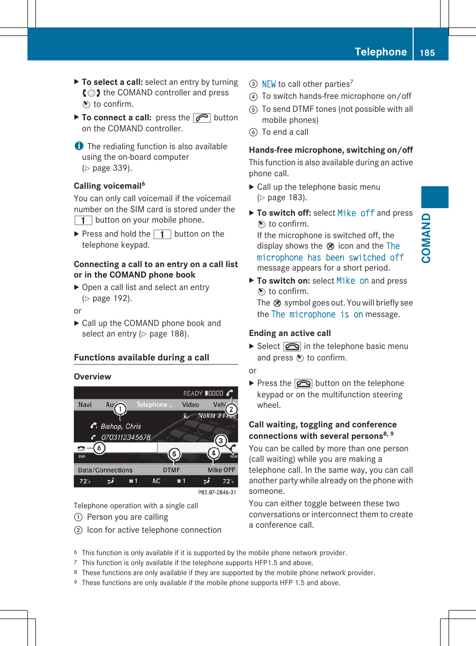 Function, Comand, Telephone | Mercedes-Benz CL-Class 2011 User Manual | Page 187 / 480