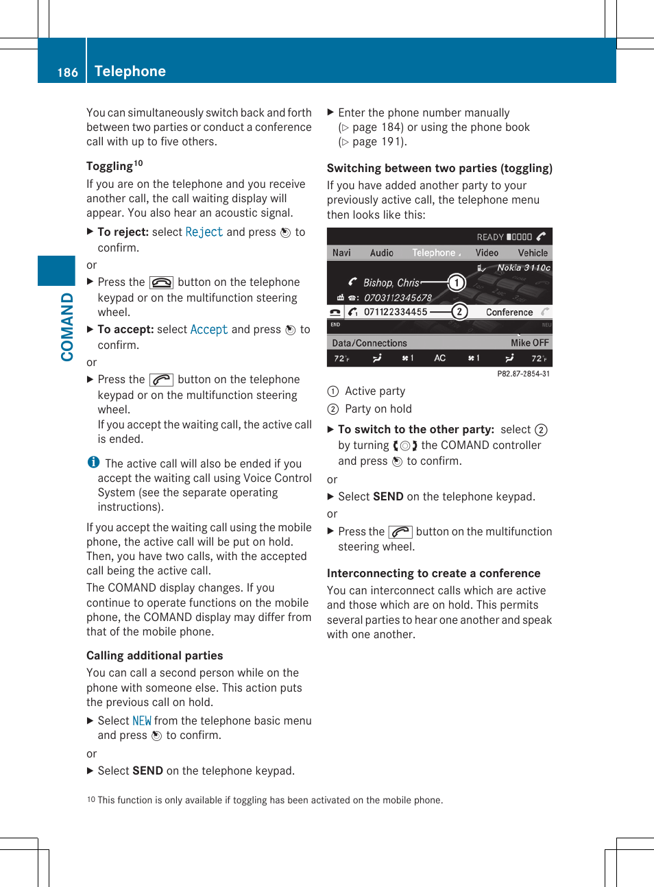 Comand, Telephone | Mercedes-Benz CL-Class 2011 User Manual | Page 188 / 480