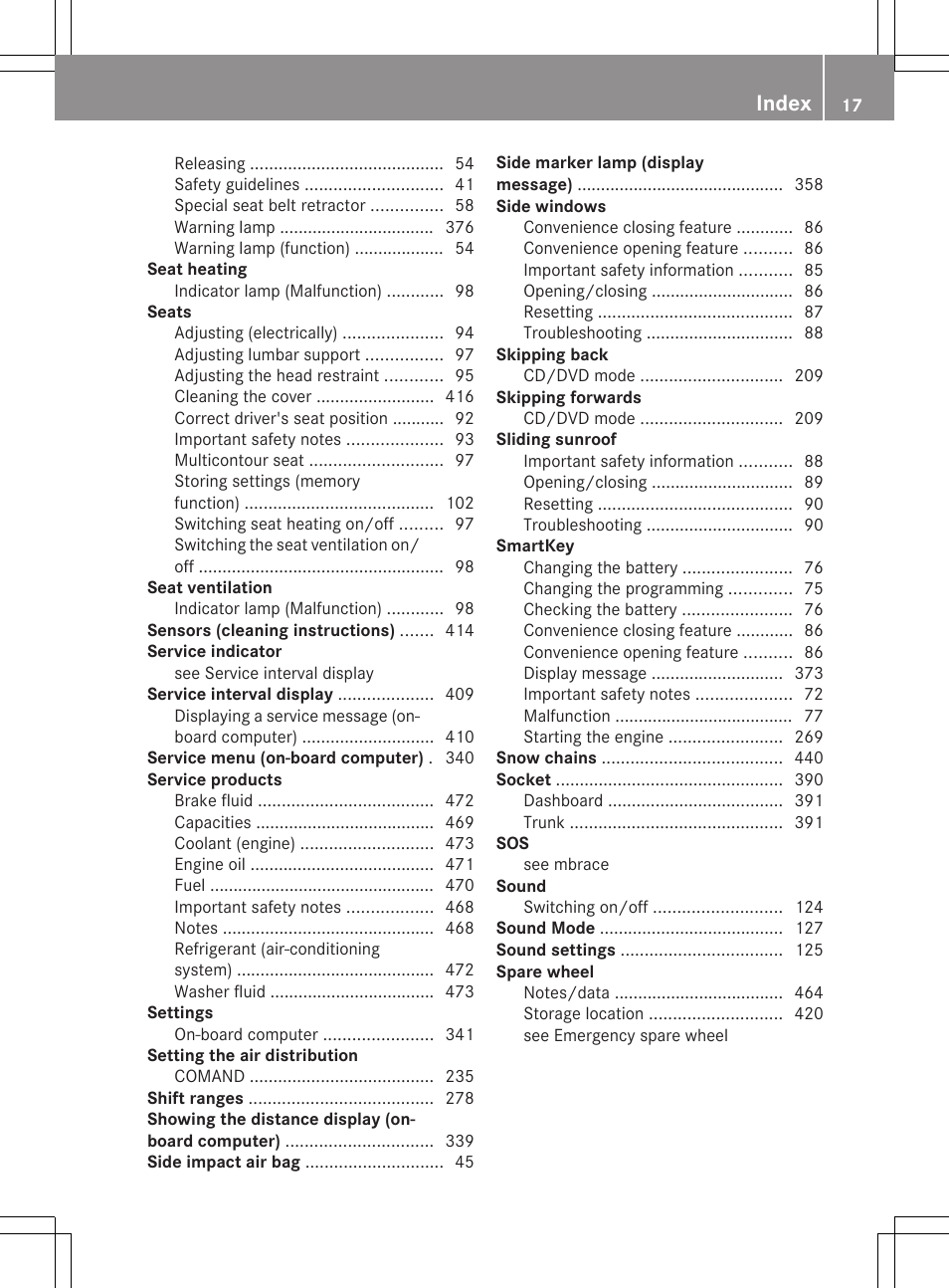 Index | Mercedes-Benz CL-Class 2011 User Manual | Page 19 / 480