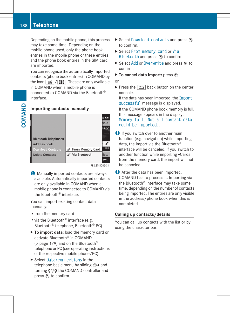 Characters in the phone book, Select an entry, Comand | Telephone | Mercedes-Benz CL-Class 2011 User Manual | Page 190 / 480