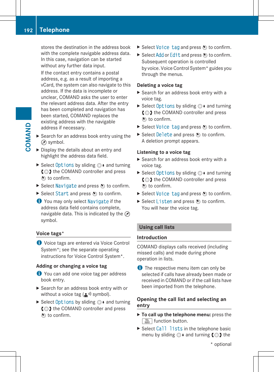 Using call lists, Comand, Telephone | Mercedes-Benz CL-Class 2011 User Manual | Page 194 / 480