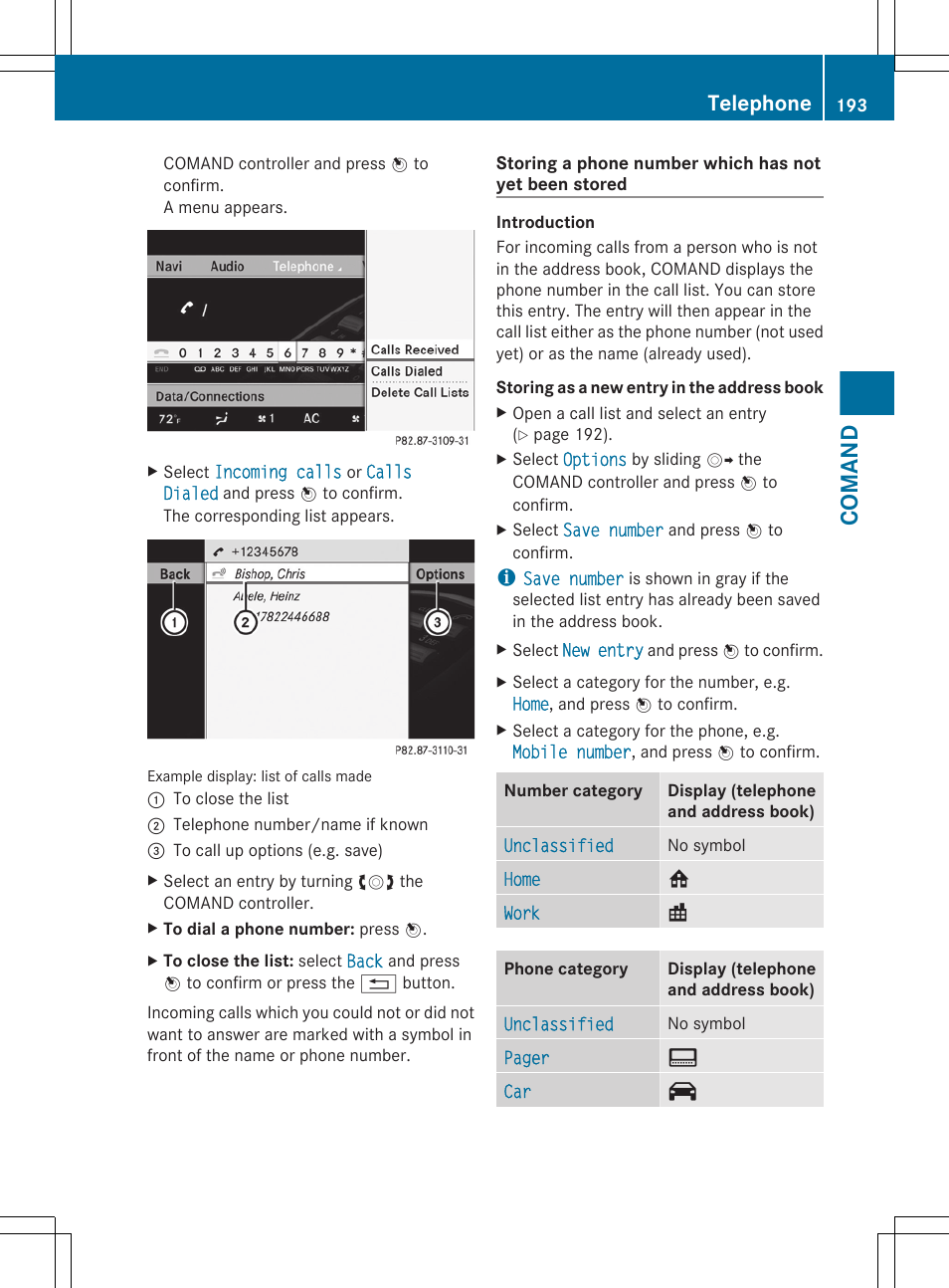 Comand, Telephone | Mercedes-Benz CL-Class 2011 User Manual | Page 195 / 480