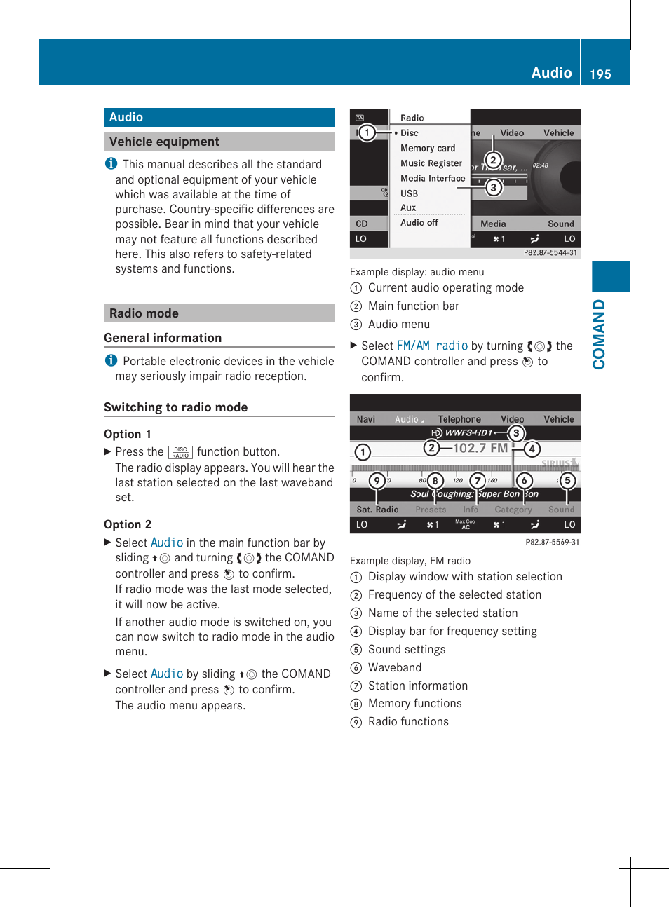 Audio, Vehicle equipment, Radio mode | Comand | Mercedes-Benz CL-Class 2011 User Manual | Page 197 / 480