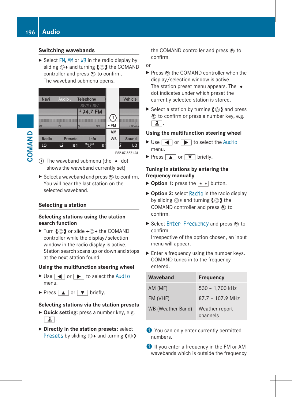 Selecting channels via the channel presets, Comand, Audio | Mercedes-Benz CL-Class 2011 User Manual | Page 198 / 480