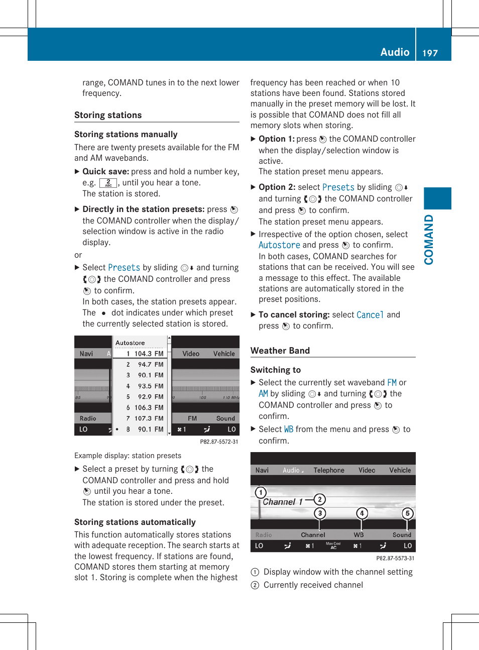 Storing channels manually, Comand, Audio | Mercedes-Benz CL-Class 2011 User Manual | Page 199 / 480