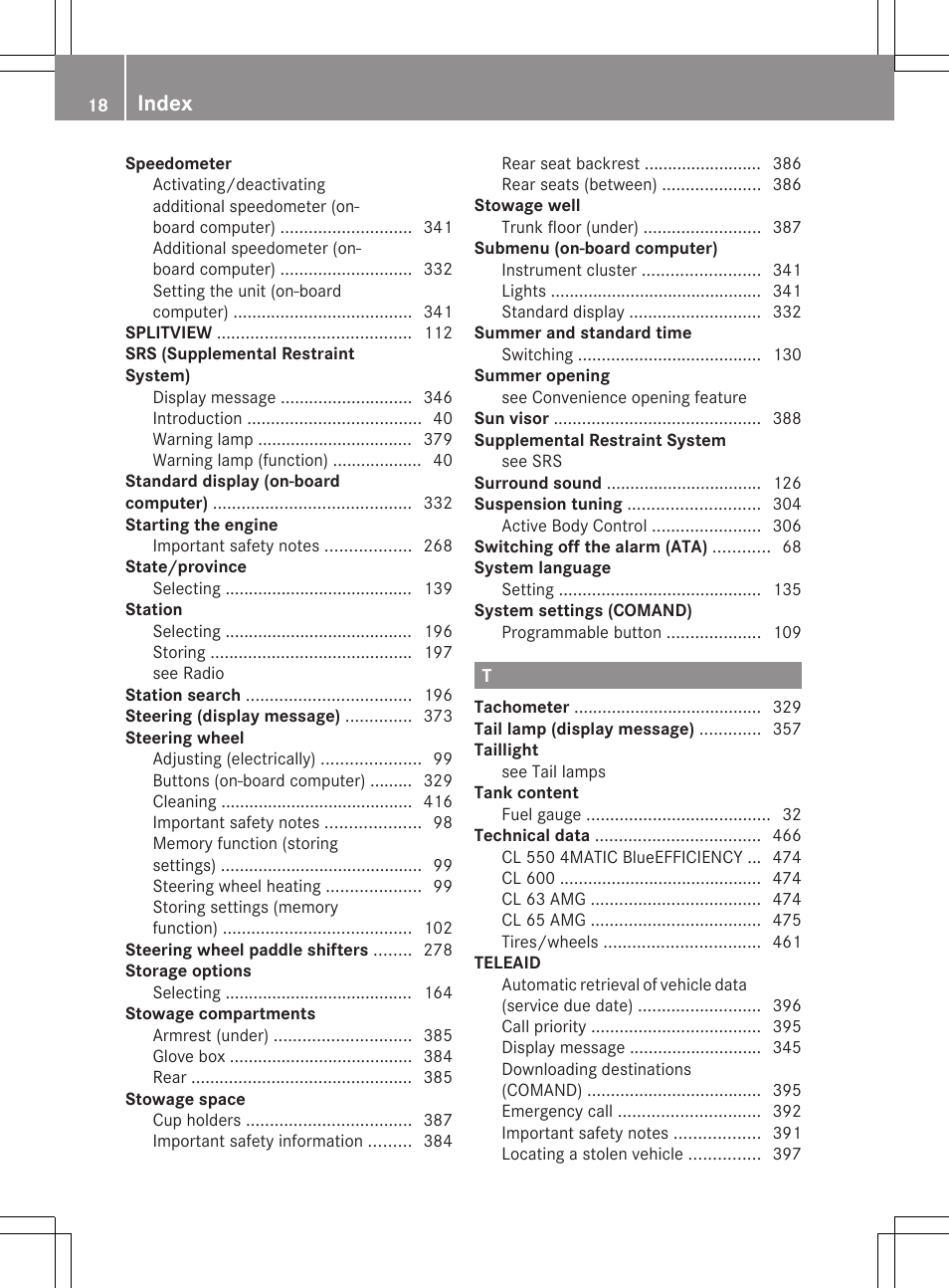 Index | Mercedes-Benz CL-Class 2011 User Manual | Page 20 / 480