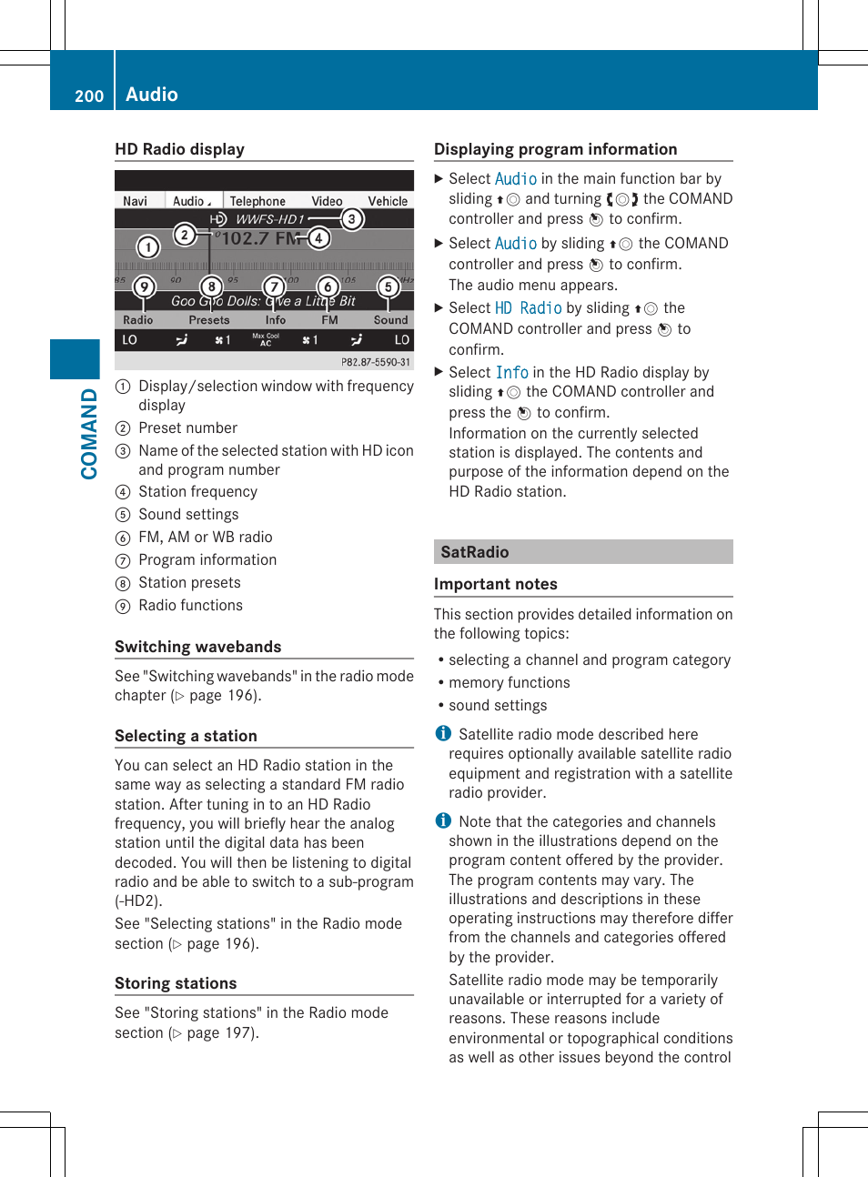 Satradio, Comand, Audio | Mercedes-Benz CL-Class 2011 User Manual | Page 202 / 480