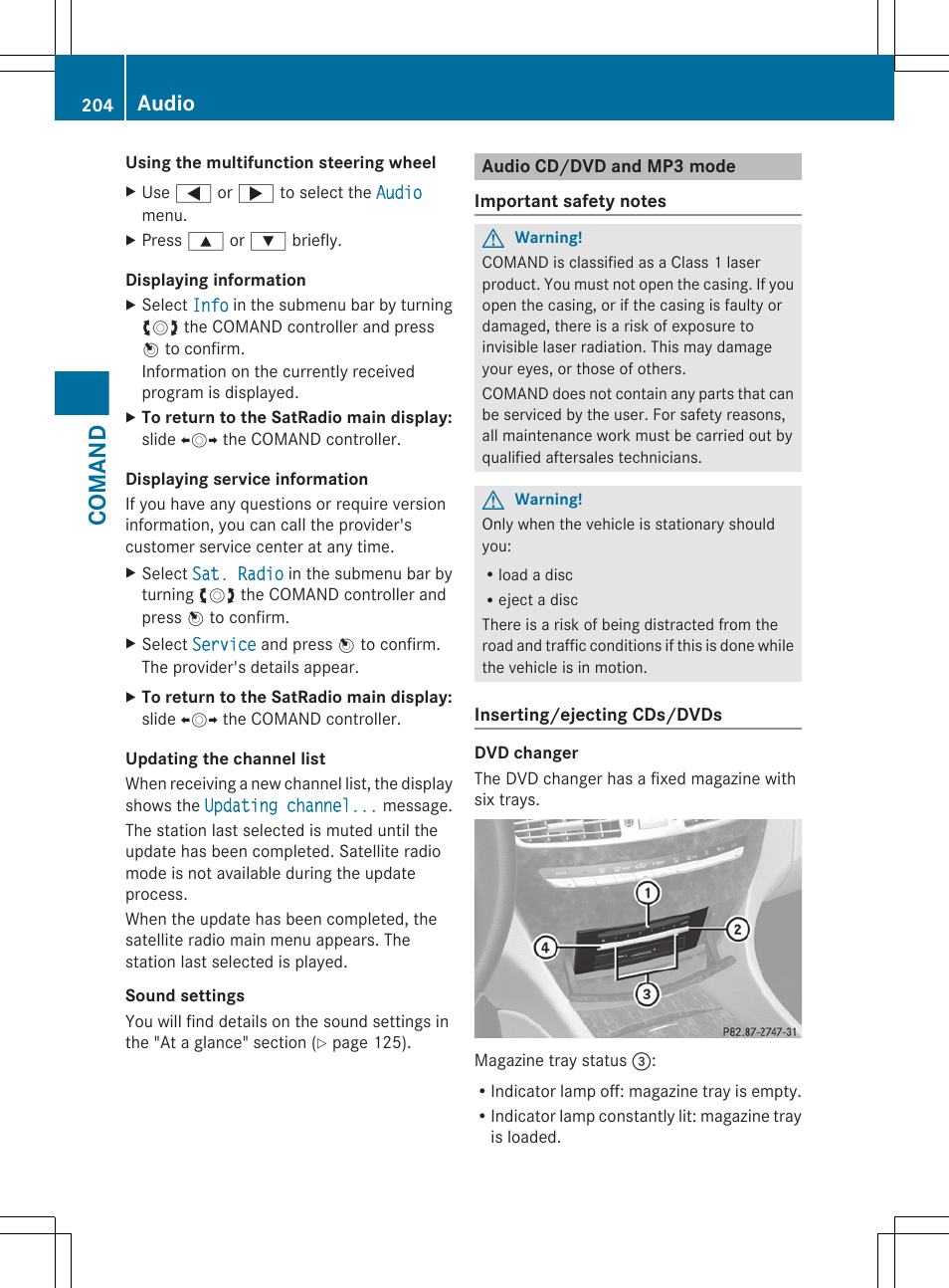 Audio cd/dvd and mp3 mode, Comand, Audio | Mercedes-Benz CL-Class 2011 User Manual | Page 206 / 480