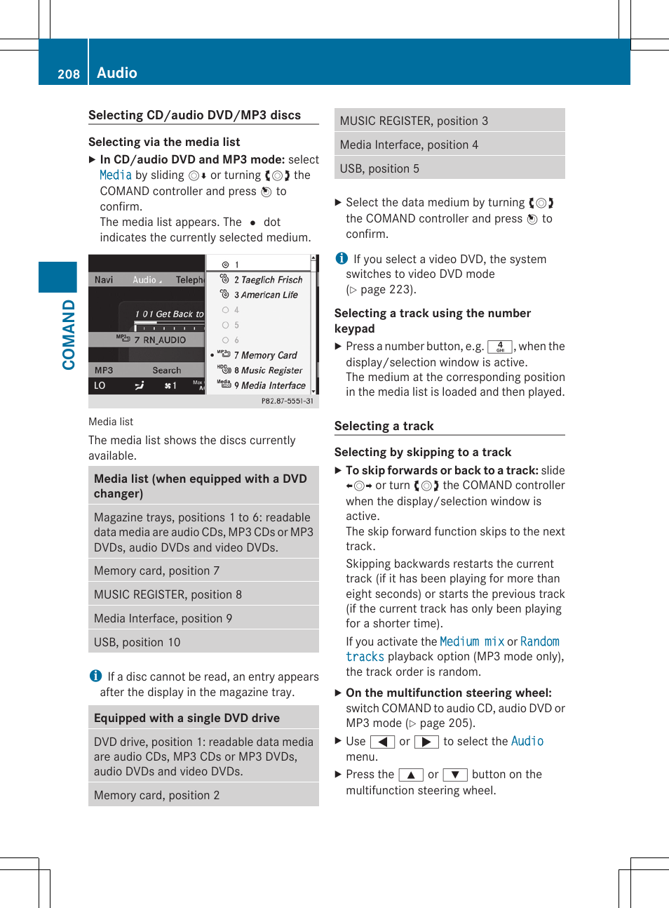 Selecting a track, Selecting a data medium via the media list, Comand | Audio | Mercedes-Benz CL-Class 2011 User Manual | Page 210 / 480