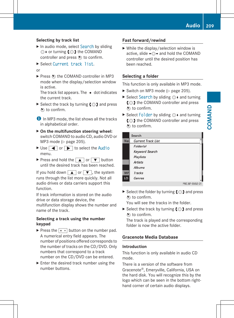 Fast forward/rewind, Comand, Audio | Mercedes-Benz CL-Class 2011 User Manual | Page 211 / 480