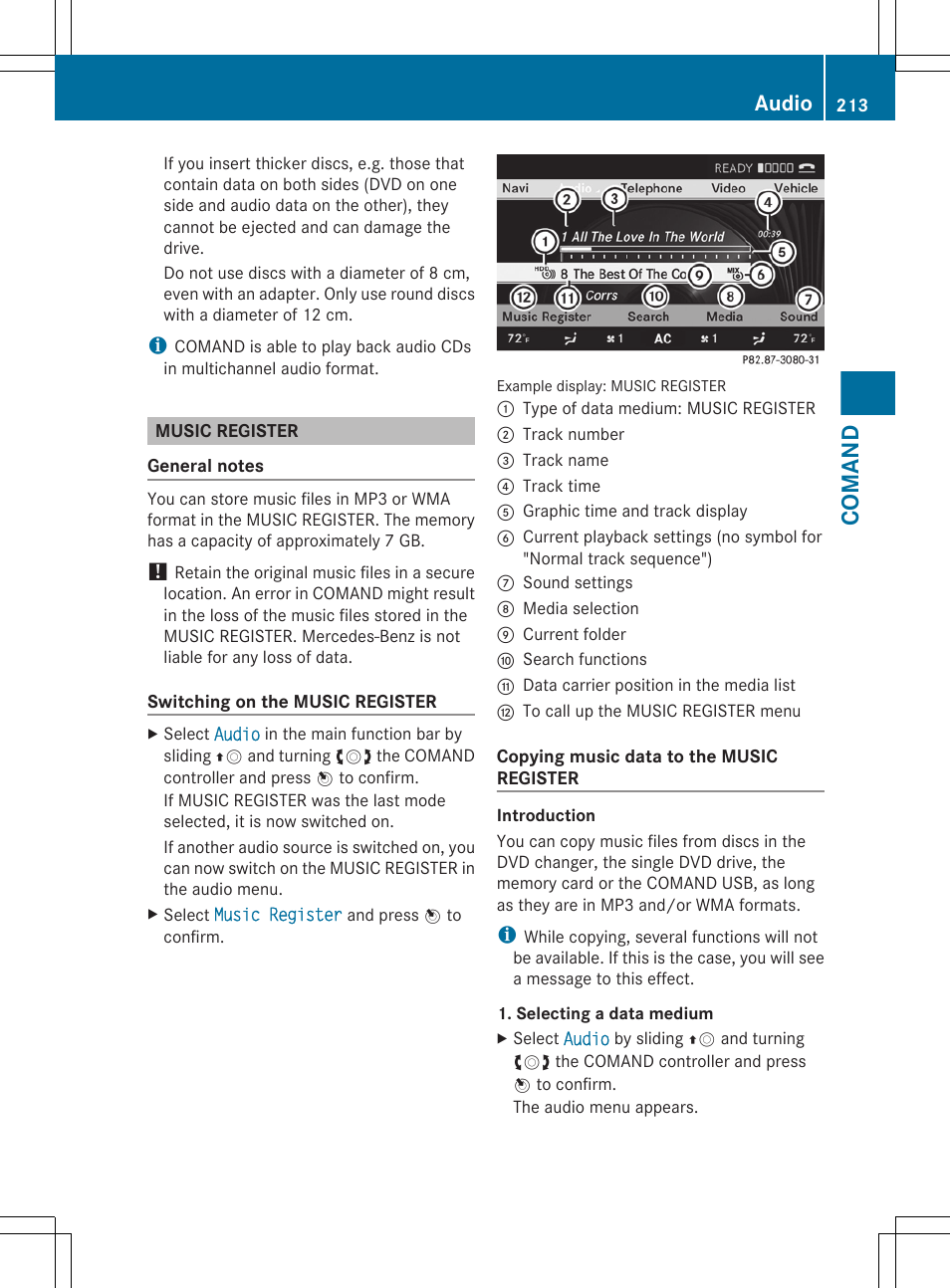 Music register, Comand, Audio | Mercedes-Benz CL-Class 2011 User Manual | Page 215 / 480