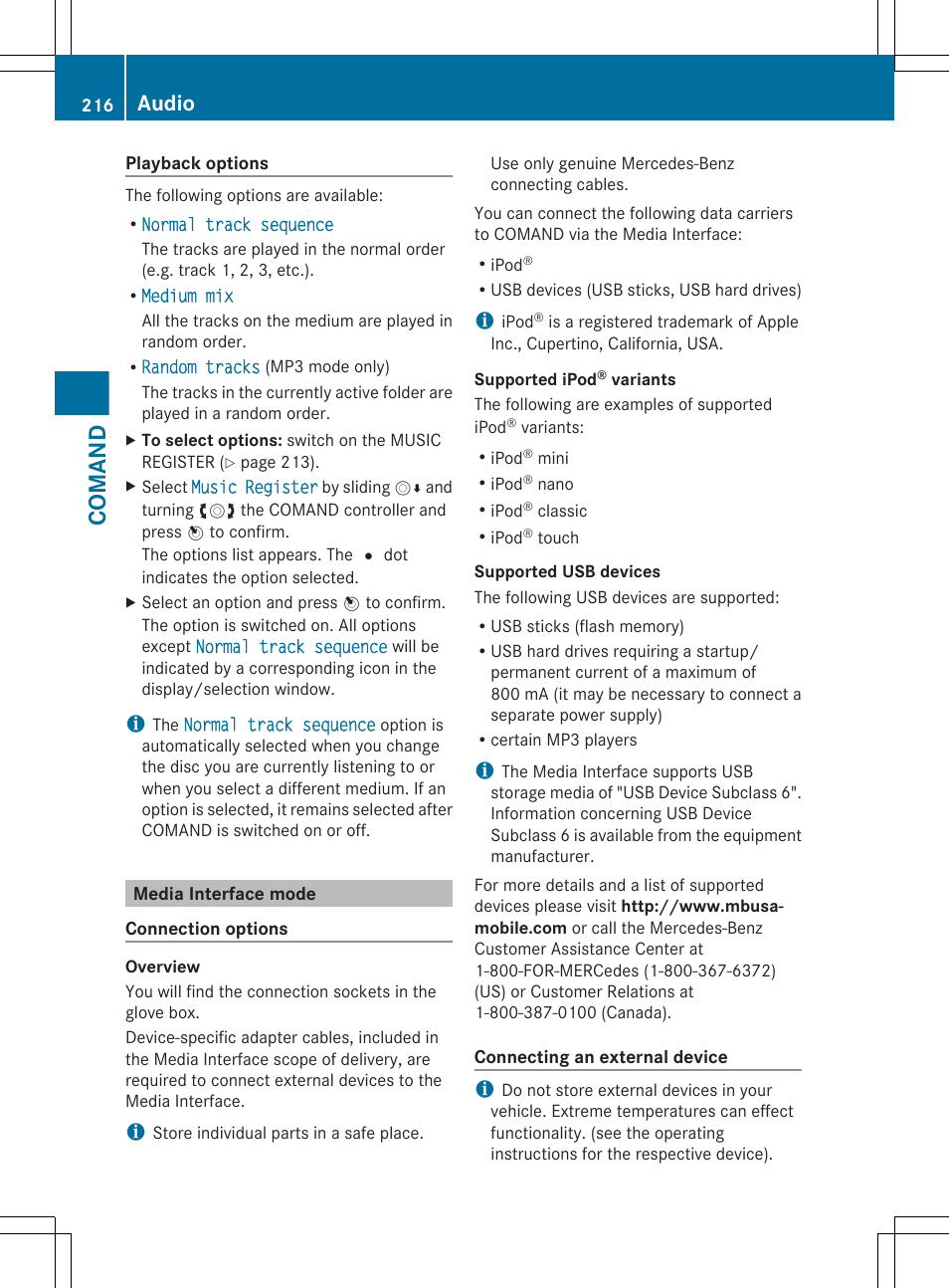 Media interface mode, Comand, Audio | Mercedes-Benz CL-Class 2011 User Manual | Page 218 / 480