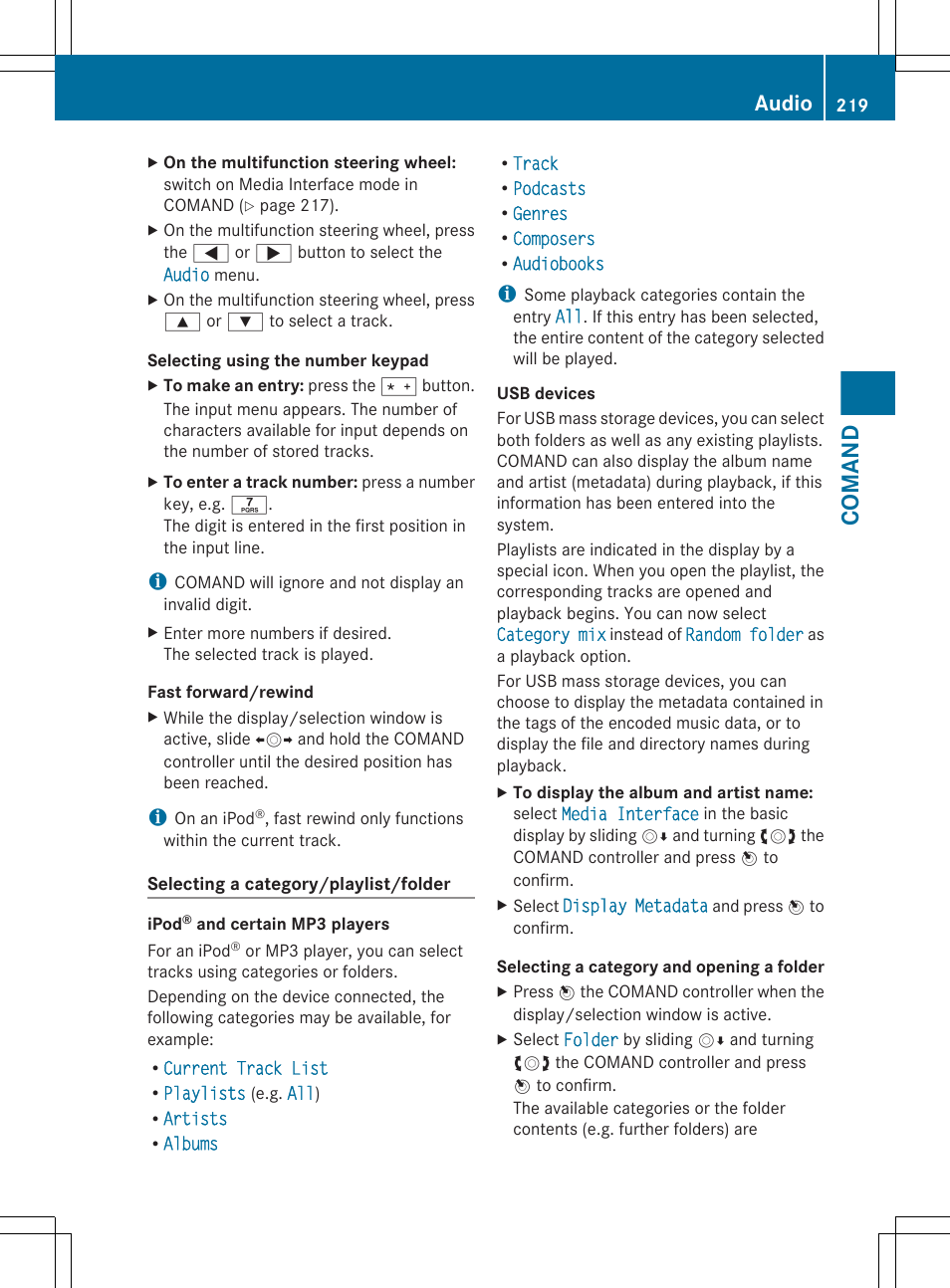 Comand, Audio | Mercedes-Benz CL-Class 2011 User Manual | Page 221 / 480