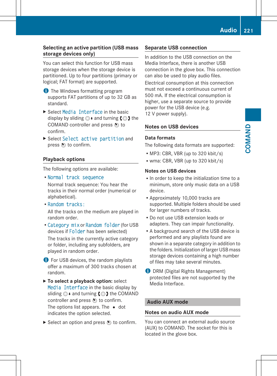 Audio aux mode, Comand, Audio | Mercedes-Benz CL-Class 2011 User Manual | Page 223 / 480