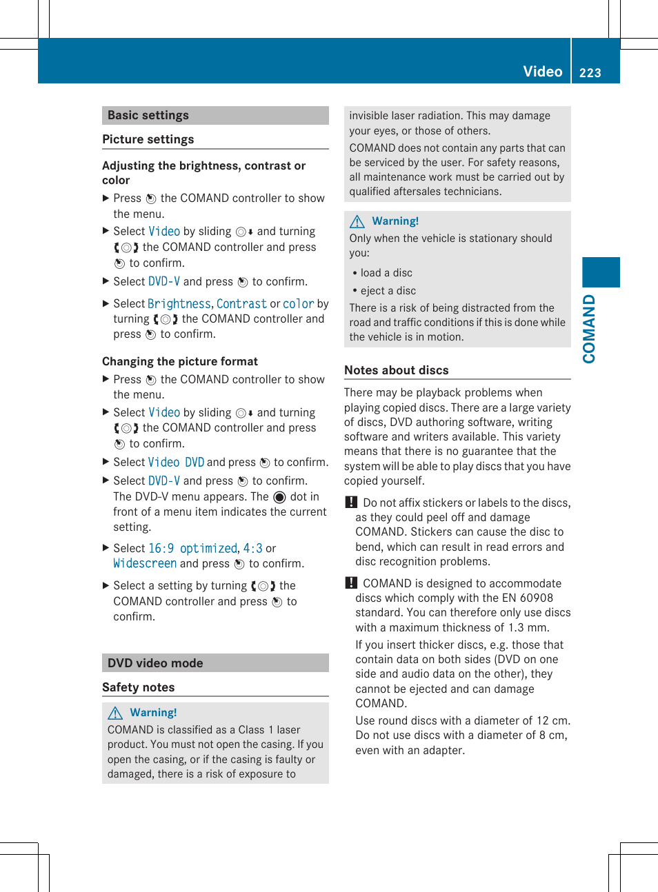 Basic settings, Dvd video mode, Comand | Video | Mercedes-Benz CL-Class 2011 User Manual | Page 225 / 480