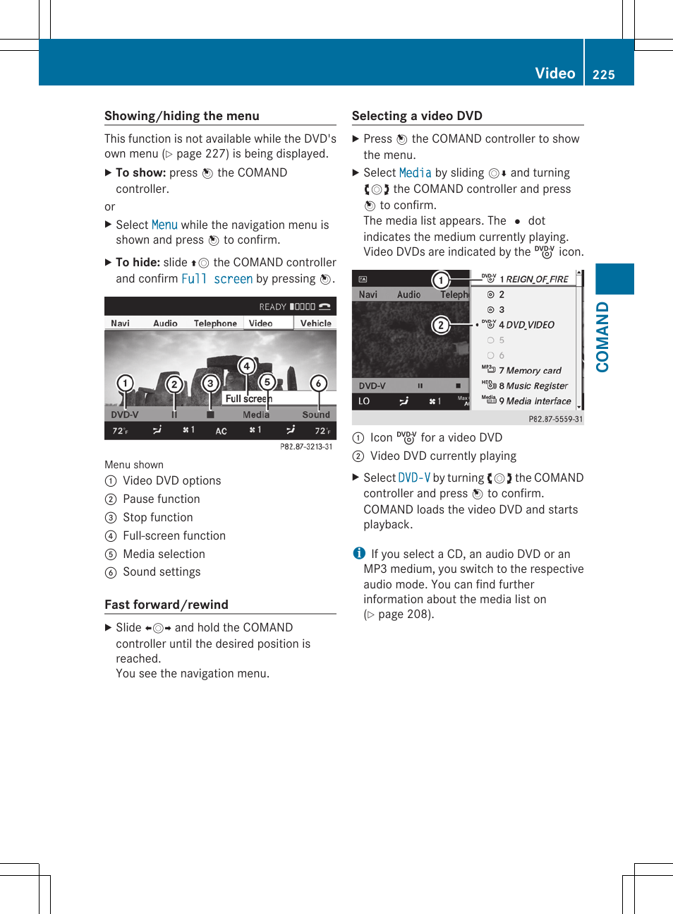 Fast forward/rewind (video dvd mode), Comand, Video | Mercedes-Benz CL-Class 2011 User Manual | Page 227 / 480