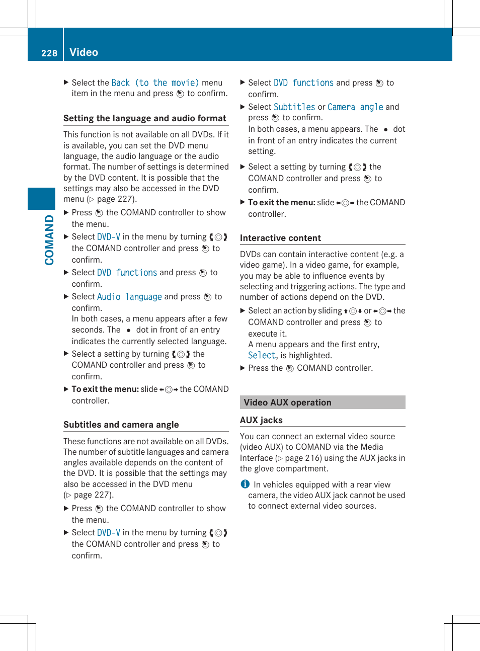 Video aux operation, Comand, Video | Mercedes-Benz CL-Class 2011 User Manual | Page 230 / 480