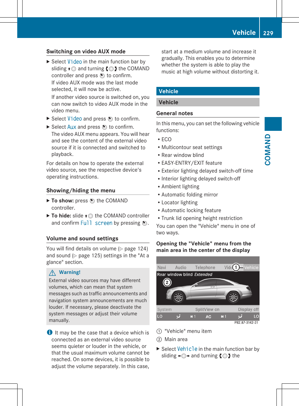 Vehicle, Comand | Mercedes-Benz CL-Class 2011 User Manual | Page 231 / 480