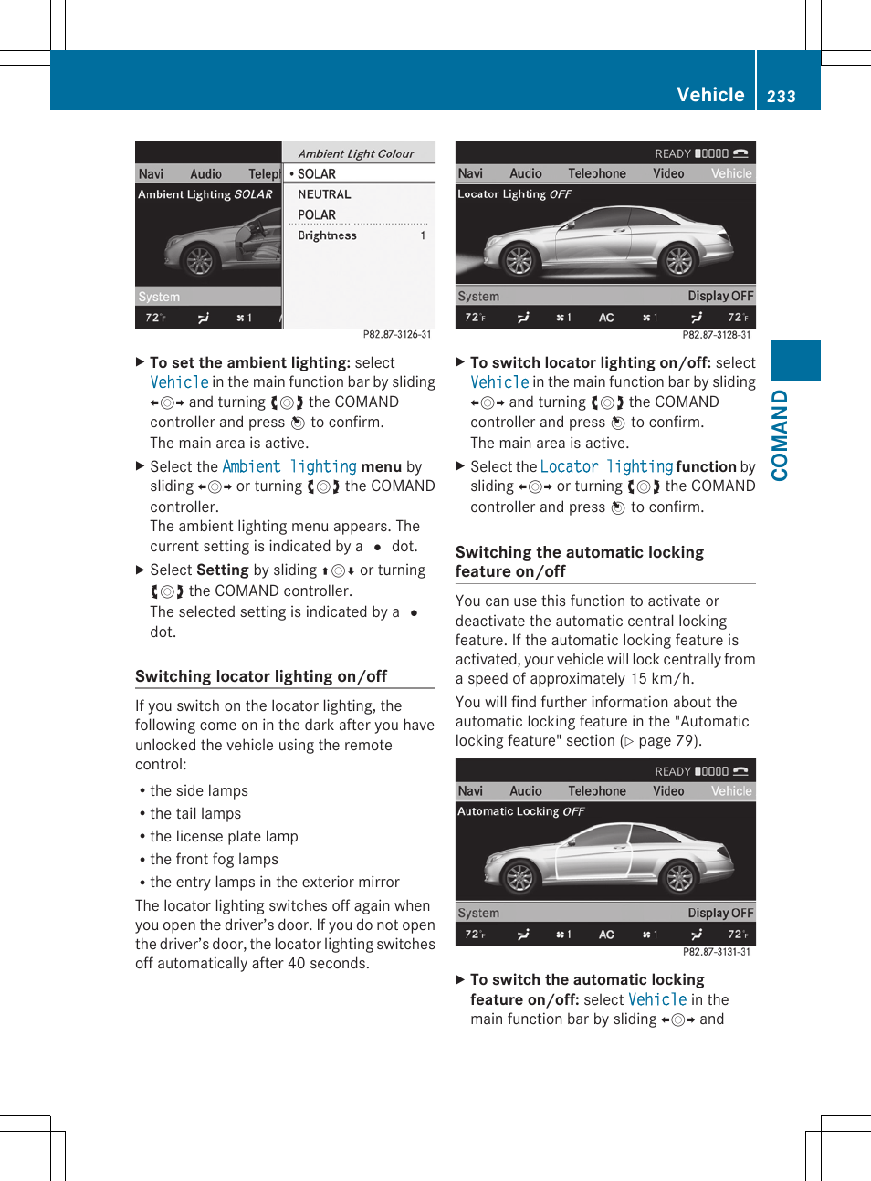 Function via comand, Comand, Vehicle | Mercedes-Benz CL-Class 2011 User Manual | Page 235 / 480