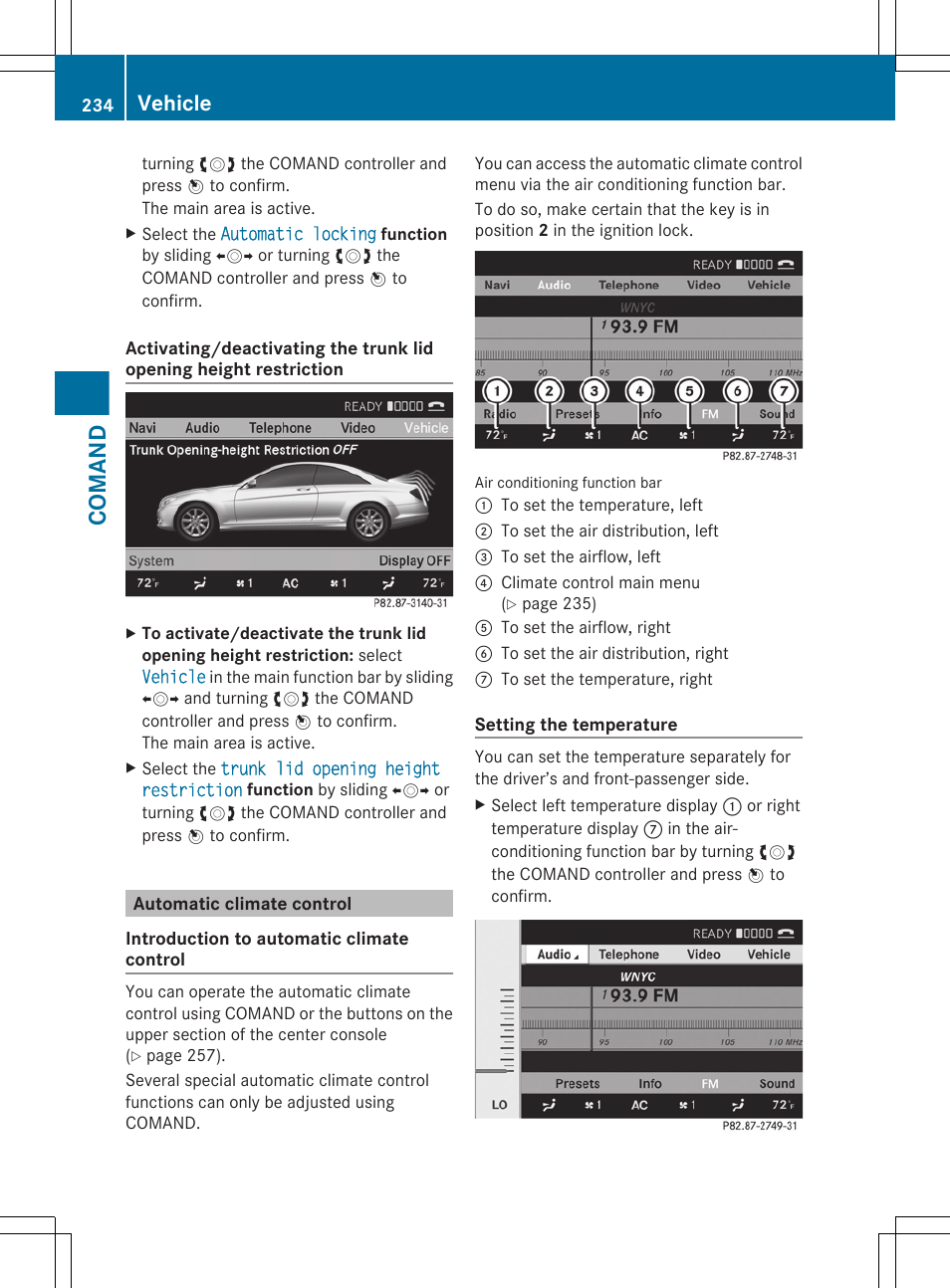 Automatic climate control, Comand, Vehicle | Mercedes-Benz CL-Class 2011 User Manual | Page 236 / 480