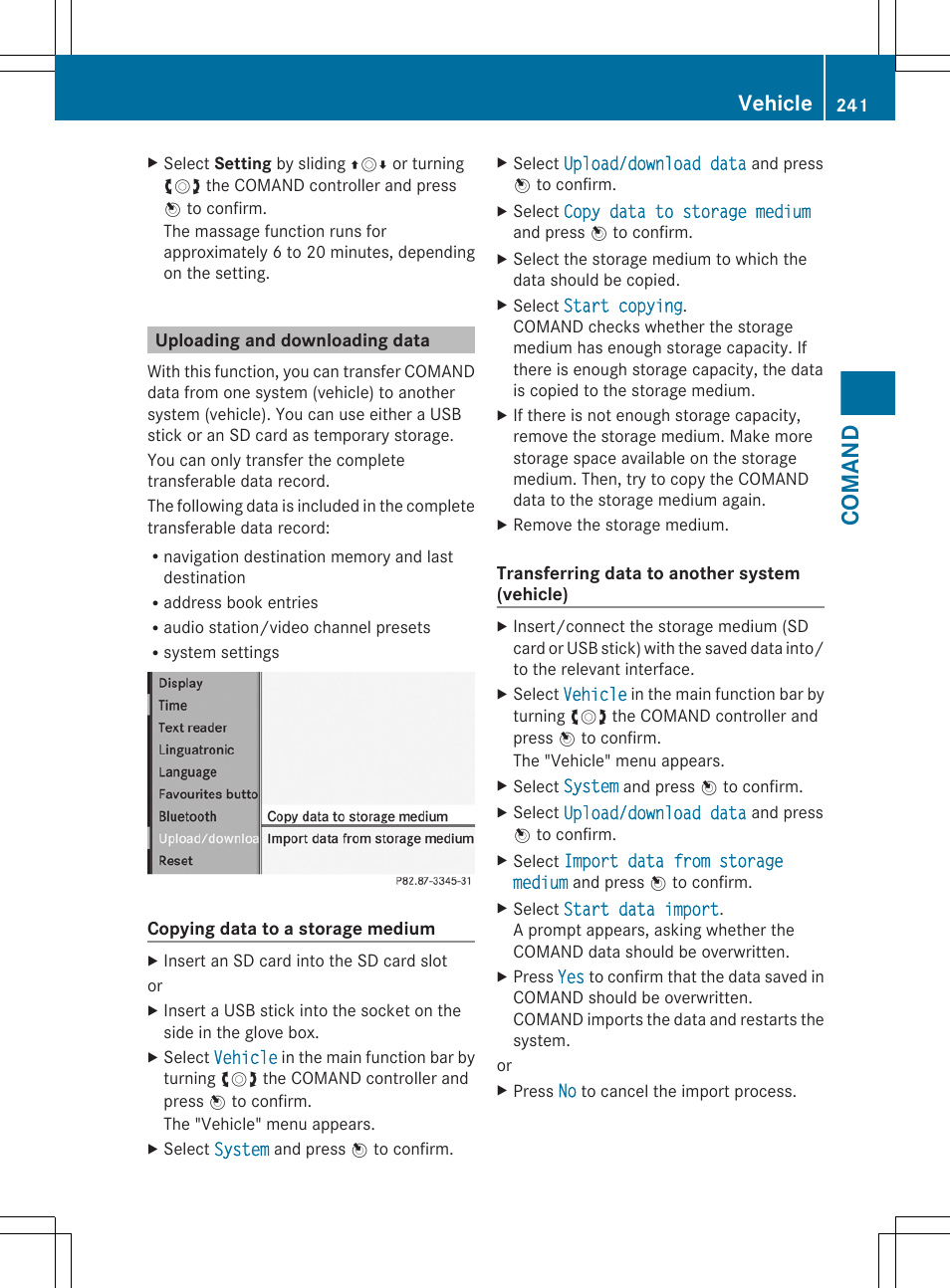 Uploading and downloading data, Comand, Vehicle | Mercedes-Benz CL-Class 2011 User Manual | Page 243 / 480