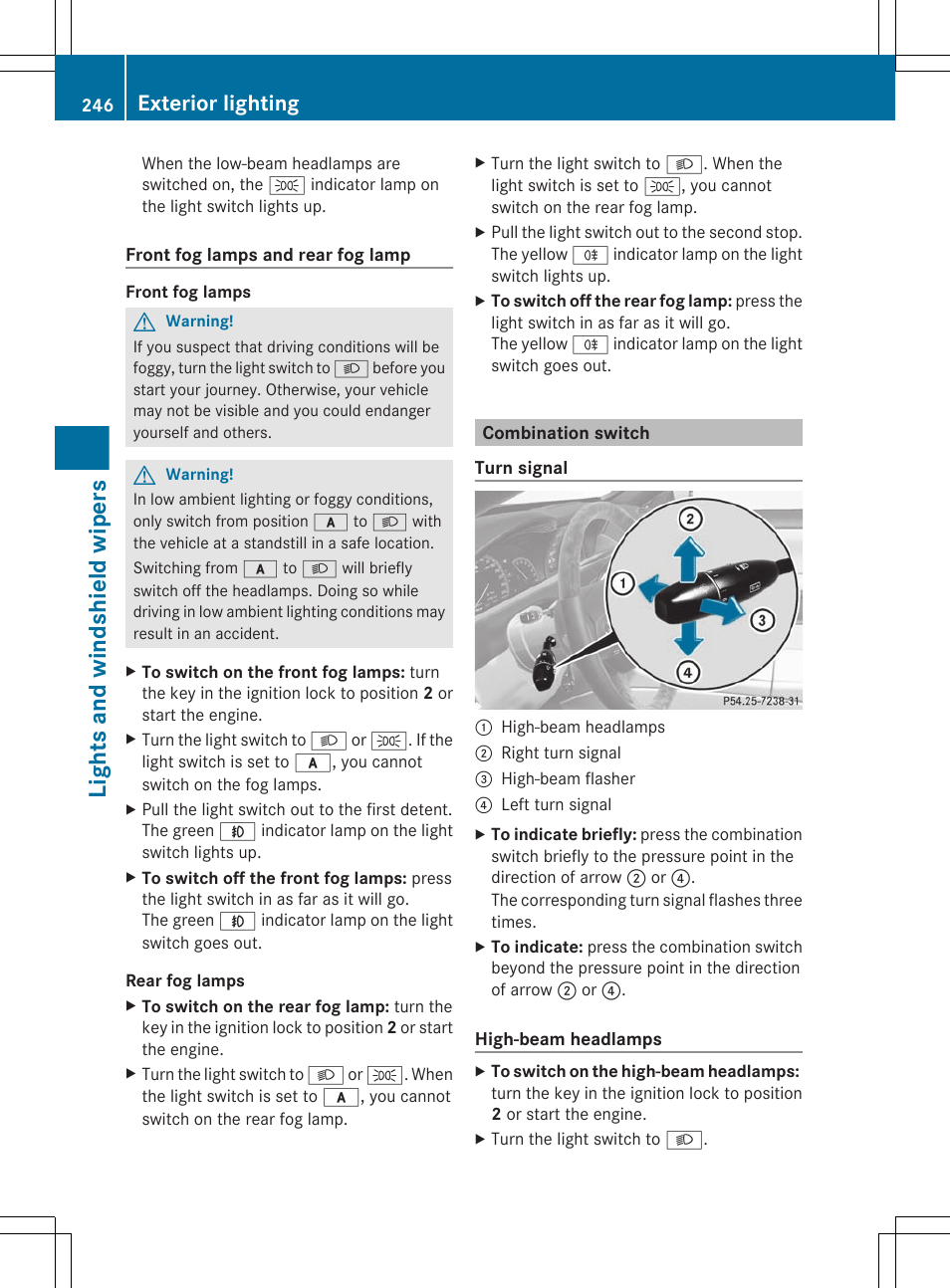 Combination switch, Lights and windshield wipers, Exterior lighting | Mercedes-Benz CL-Class 2011 User Manual | Page 248 / 480