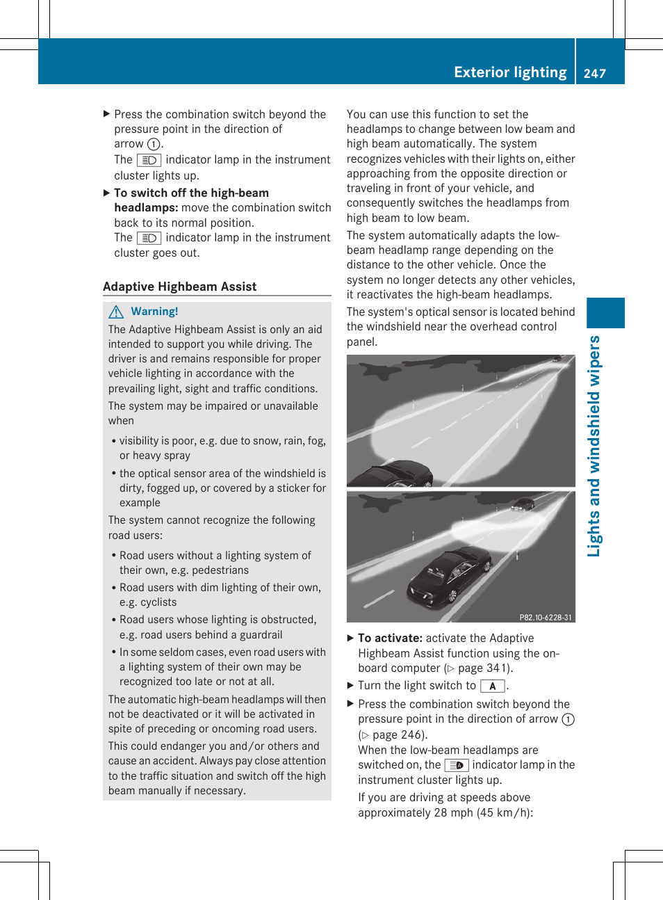 Lights and windshield wipers, Exterior lighting | Mercedes-Benz CL-Class 2011 User Manual | Page 249 / 480