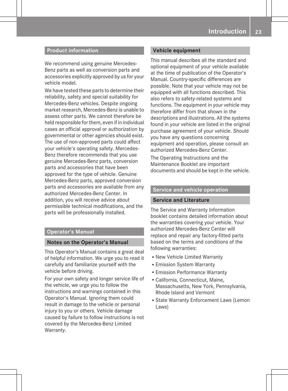 Introduction, Product information, Operator's manual | Notes on the operator's manual, Vehicle equipment, Service and vehicle operation, Service and literature | Mercedes-Benz CL-Class 2011 User Manual | Page 25 / 480