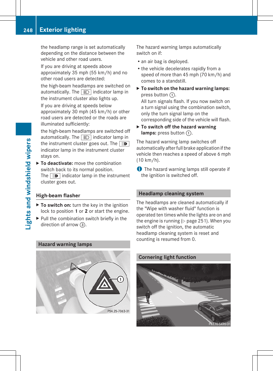 Hazard warning lamps, Headlamp cleaning system, Cornering light function | Hazard warning lamp button, Lights and windshield wipers, Exterior lighting | Mercedes-Benz CL-Class 2011 User Manual | Page 250 / 480