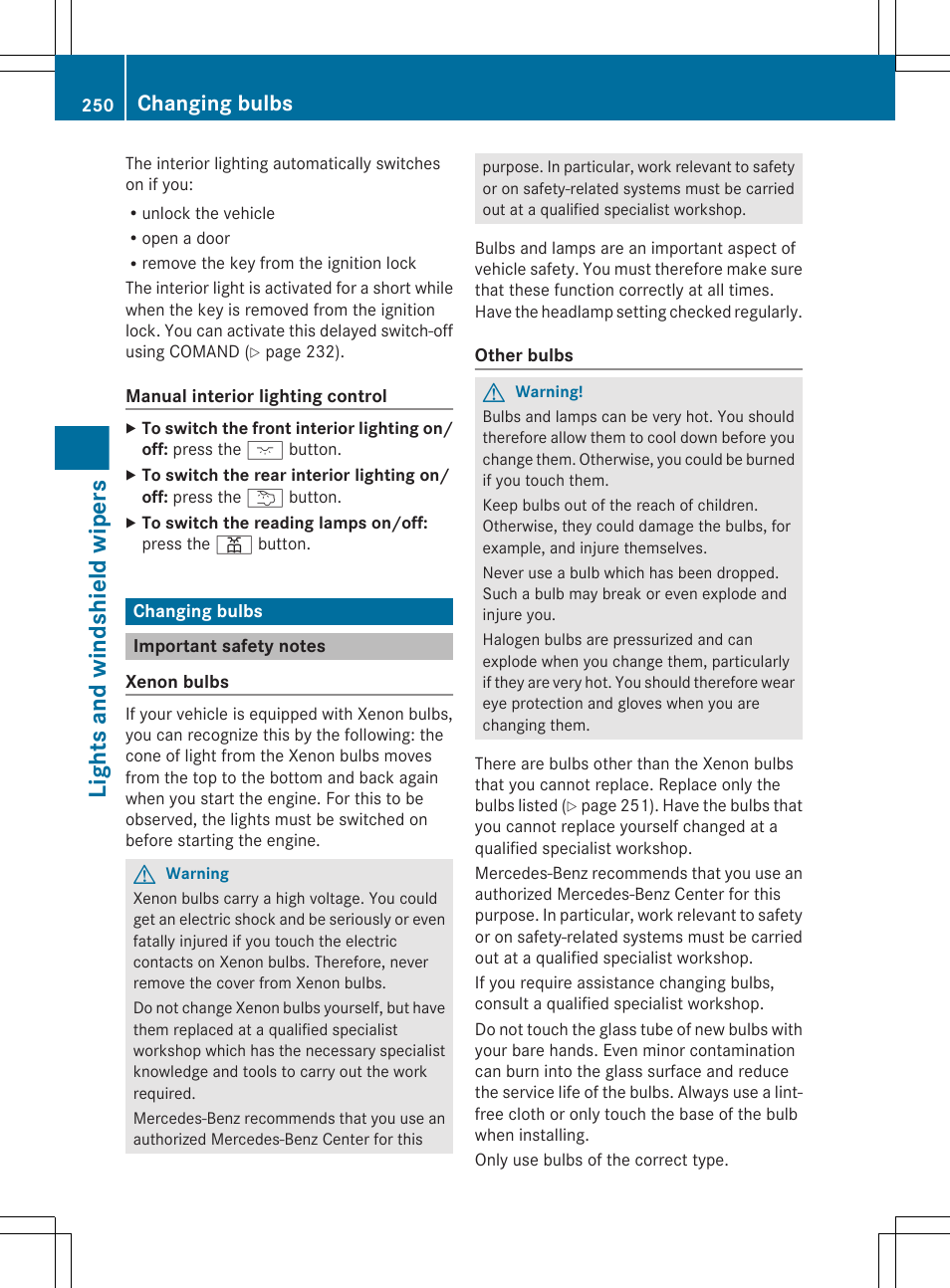 Changing bulbs, Important safety notes, Lights and windshield wipers | Mercedes-Benz CL-Class 2011 User Manual | Page 252 / 480