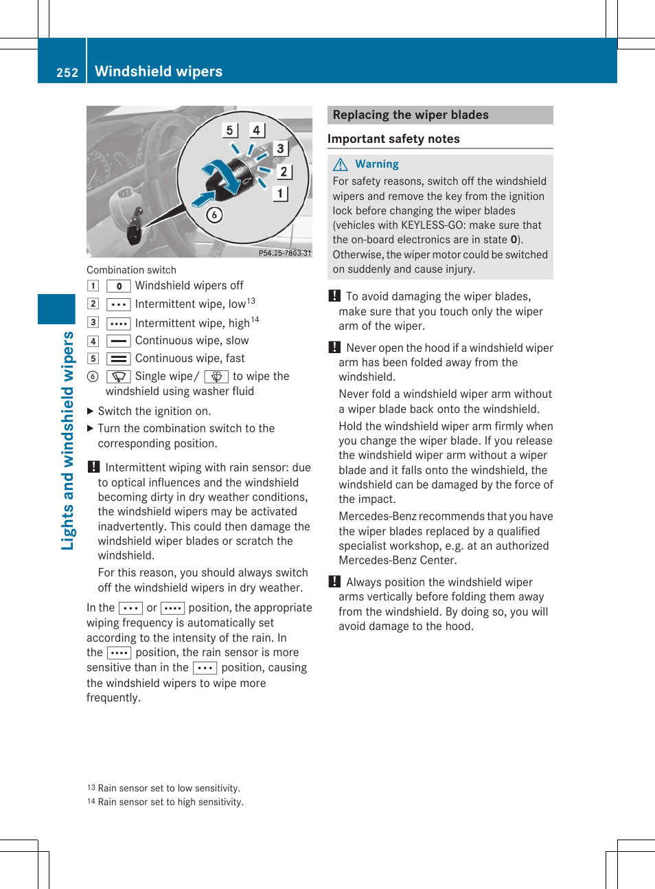 Replacing the wiper blades, Lights and windshield wipers, Windshield wipers | Mercedes-Benz CL-Class 2011 User Manual | Page 254 / 480