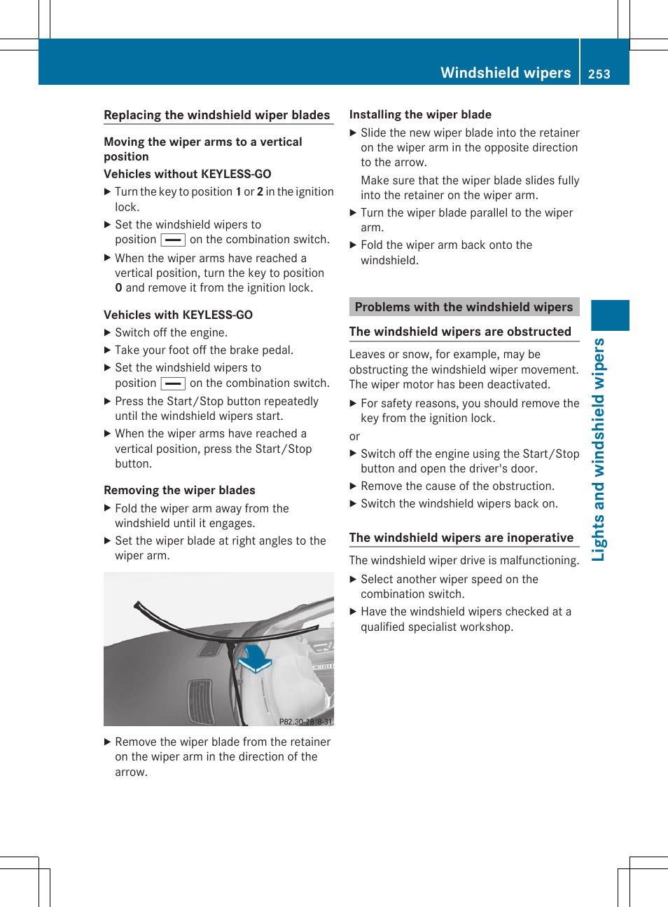 Problems with the windshield wipers, Lights and windshield wipers, Windshield wipers | Mercedes-Benz CL-Class 2011 User Manual | Page 255 / 480