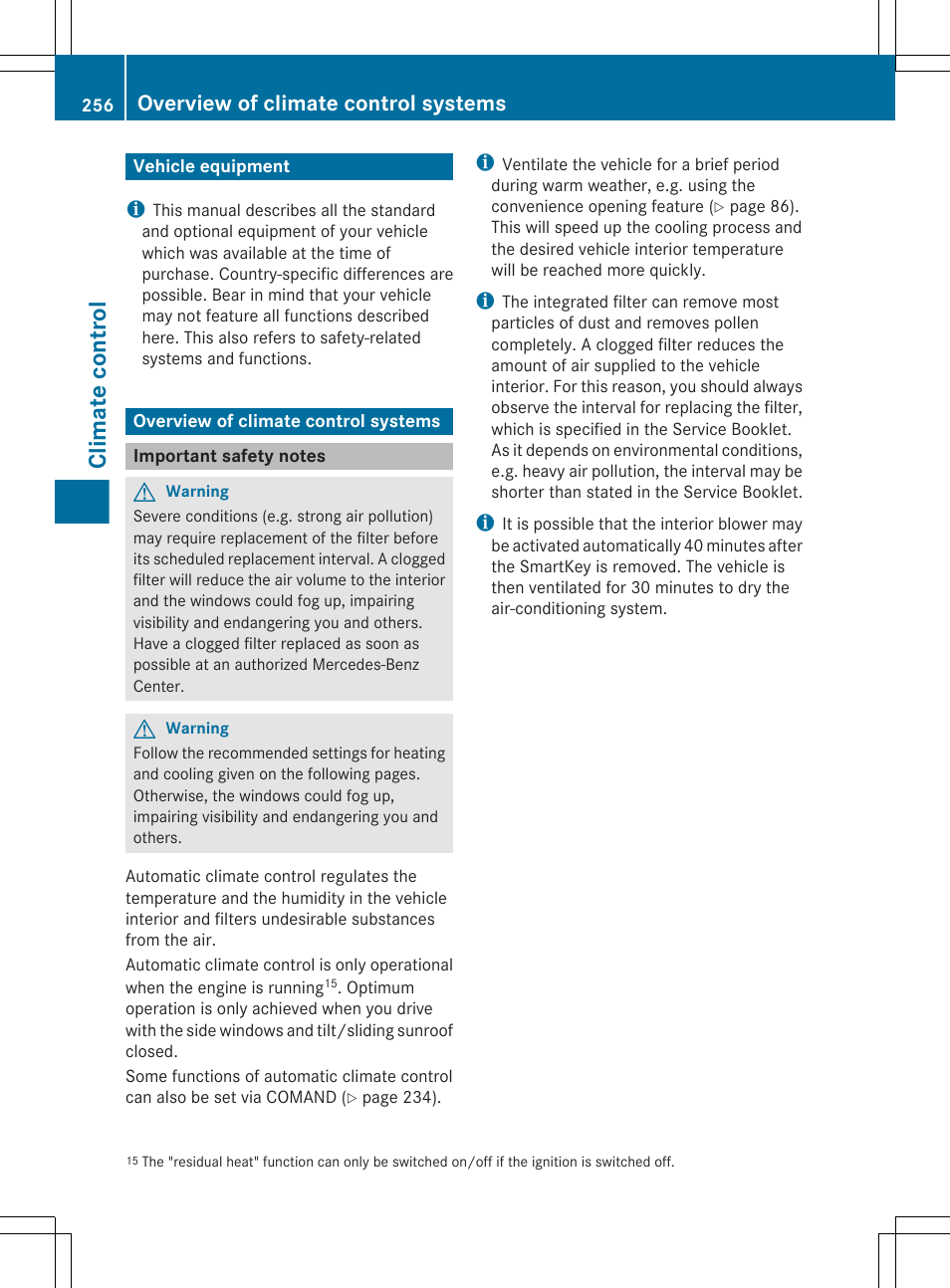 Climate control, Vehicle equipment, Overview of climate control systems | Important safety notes | Mercedes-Benz CL-Class 2011 User Manual | Page 258 / 480