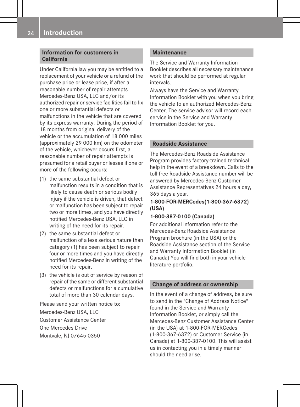 Information for customers in california, Maintenance, Roadside assistance | Change of address or ownership, Introduction | Mercedes-Benz CL-Class 2011 User Manual | Page 26 / 480