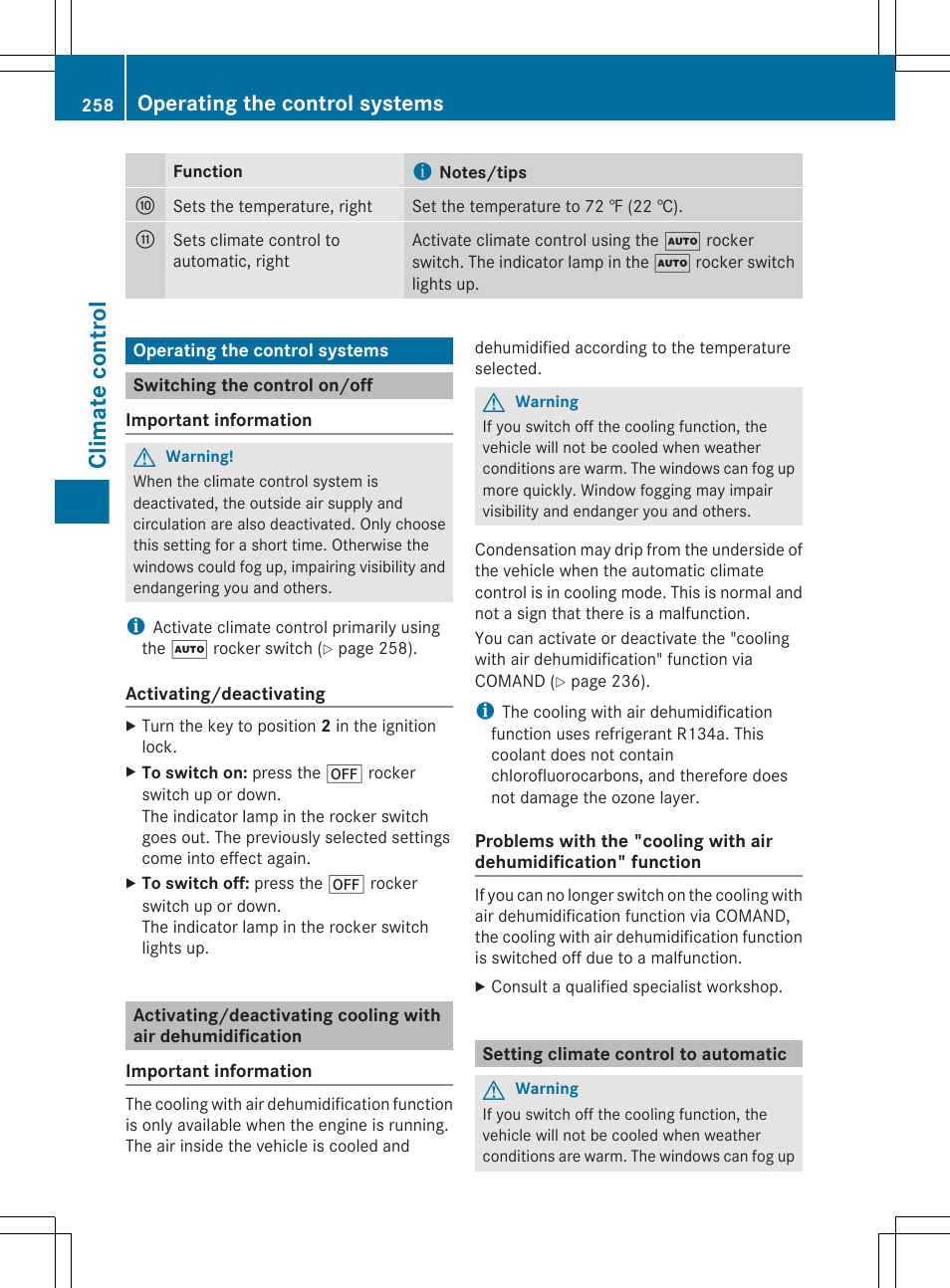 Operating the control systems, Switching the control on/off, Setting climate control to automatic | Climate control | Mercedes-Benz CL-Class 2011 User Manual | Page 260 / 480