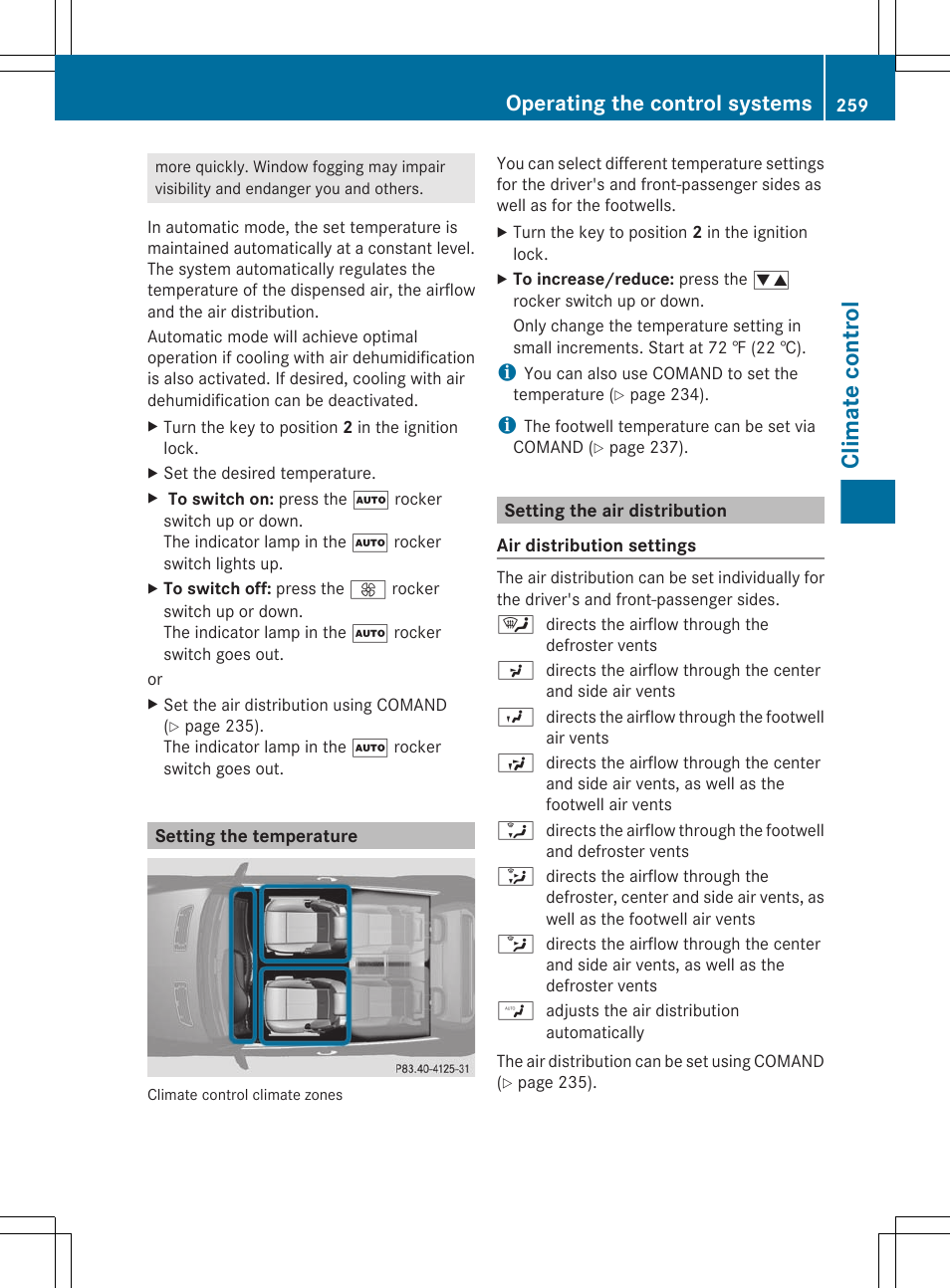 Setting the temperature, Setting the air distribution, Climate control | Operating the control systems | Mercedes-Benz CL-Class 2011 User Manual | Page 261 / 480