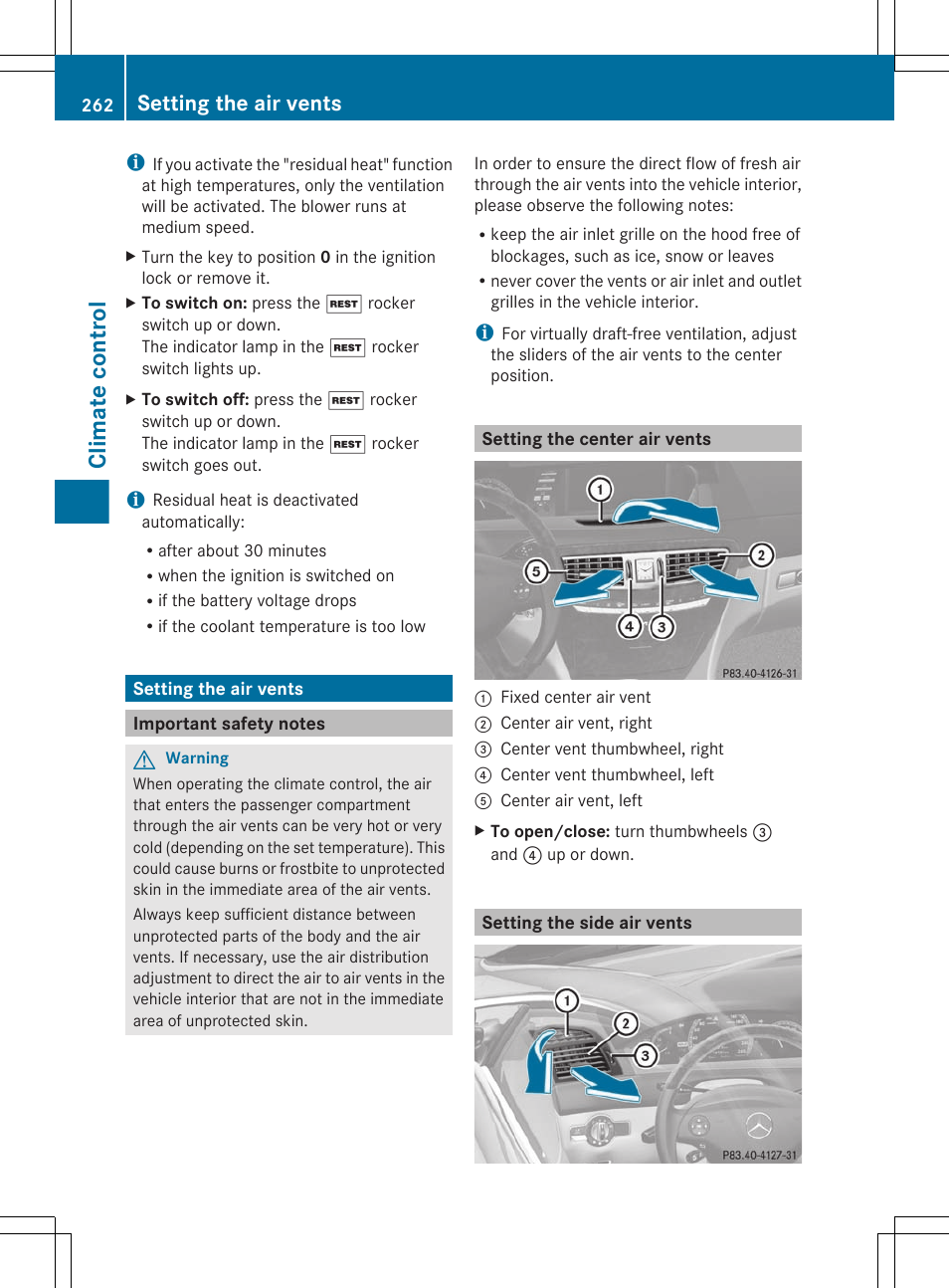 Setting the air vents, Important safety notes, Setting the center air vents | Setting the side air vents, Climate control | Mercedes-Benz CL-Class 2011 User Manual | Page 264 / 480