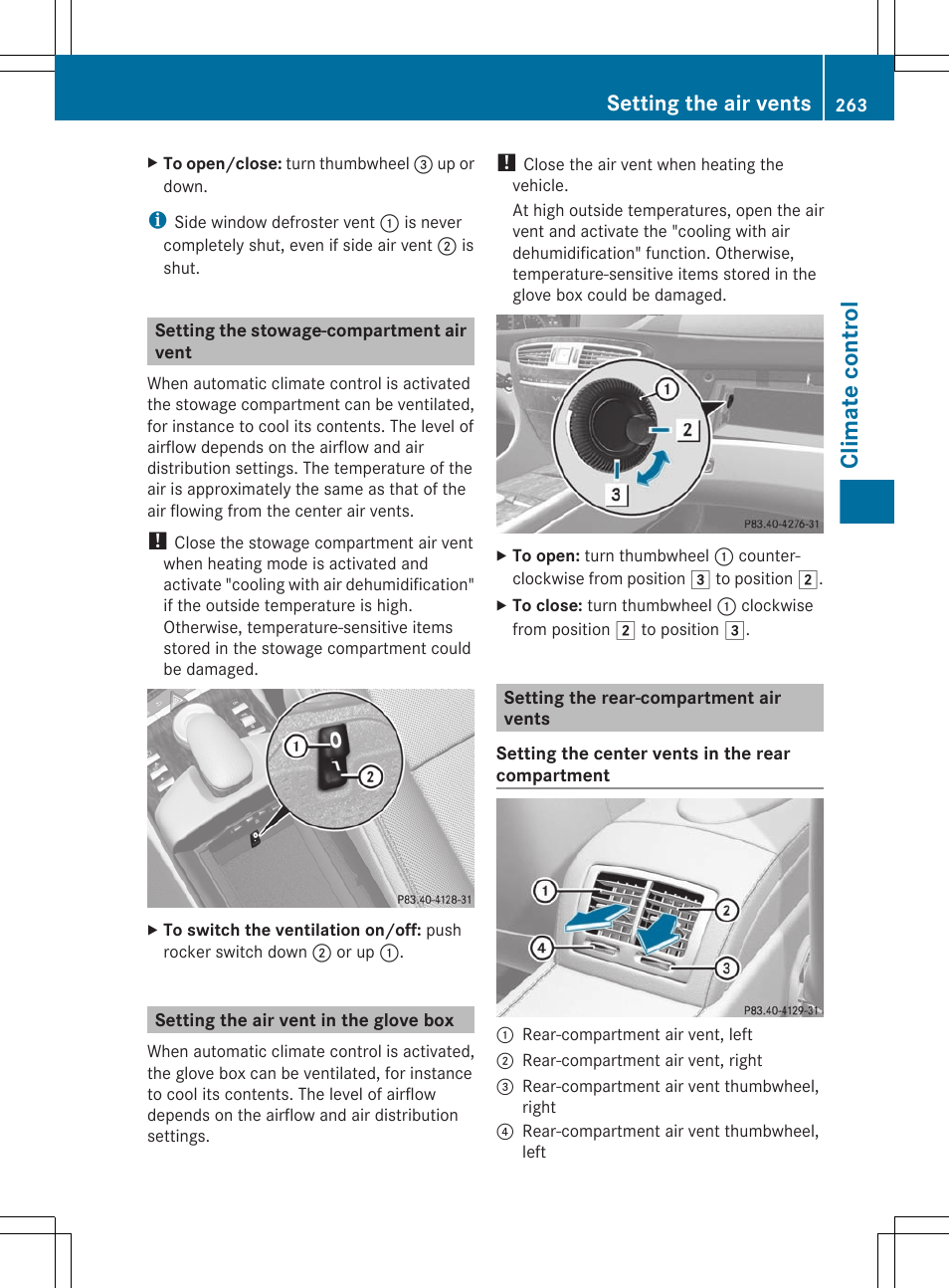 Setting the stowage-compartment air vent, Setting the air vent in the glove box, Setting the rear-compartment air vents | Climate control, Setting the air vents | Mercedes-Benz CL-Class 2011 User Manual | Page 265 / 480