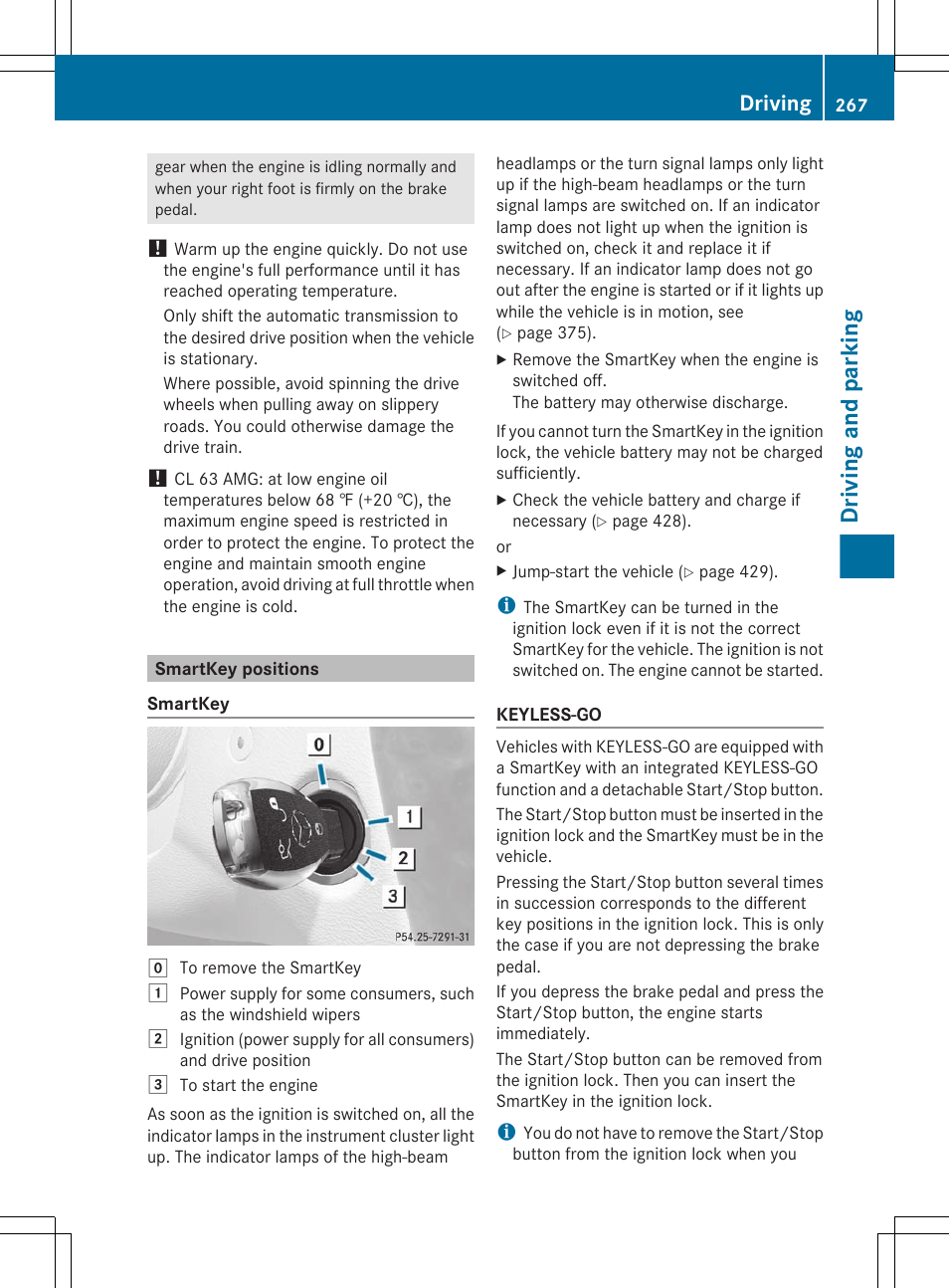 Smartkey positions, Driving and parking, Driving | Mercedes-Benz CL-Class 2011 User Manual | Page 269 / 480